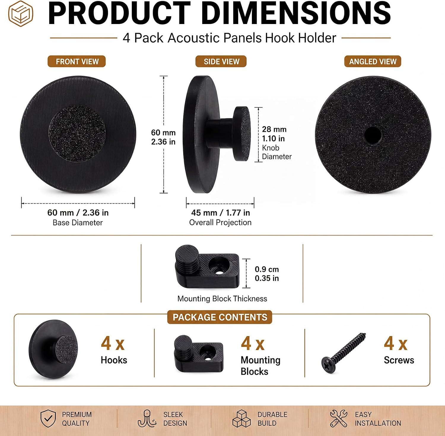 Pangda 4 Pack Black Acoustic Panel Wall Hooks Holder Knob Hanging Bar Hook