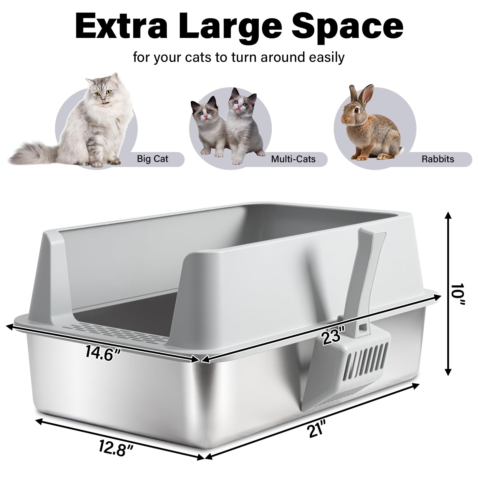Stainless Steel Litter Box 2 Pack, 23"x15"x10"(Height) XL Stainless Steel Cat Litter Box with Lid, Easy Clean Non Stick Extra Large High Sides Metal Litterbox with Mat & Scooper - image 2