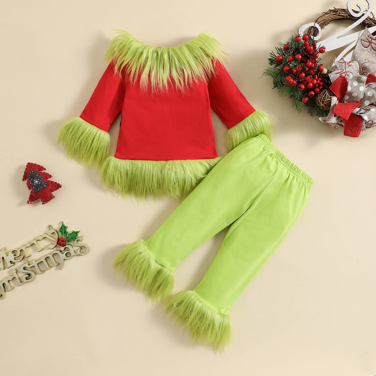 Sexy outfit Dziecięcy zielony zestaw kostiumów Świętego Mikołaja Pluszowe topy i spodnie Świąteczne przebranie dla chłopców dziewcząt w wieku 1-10 lat