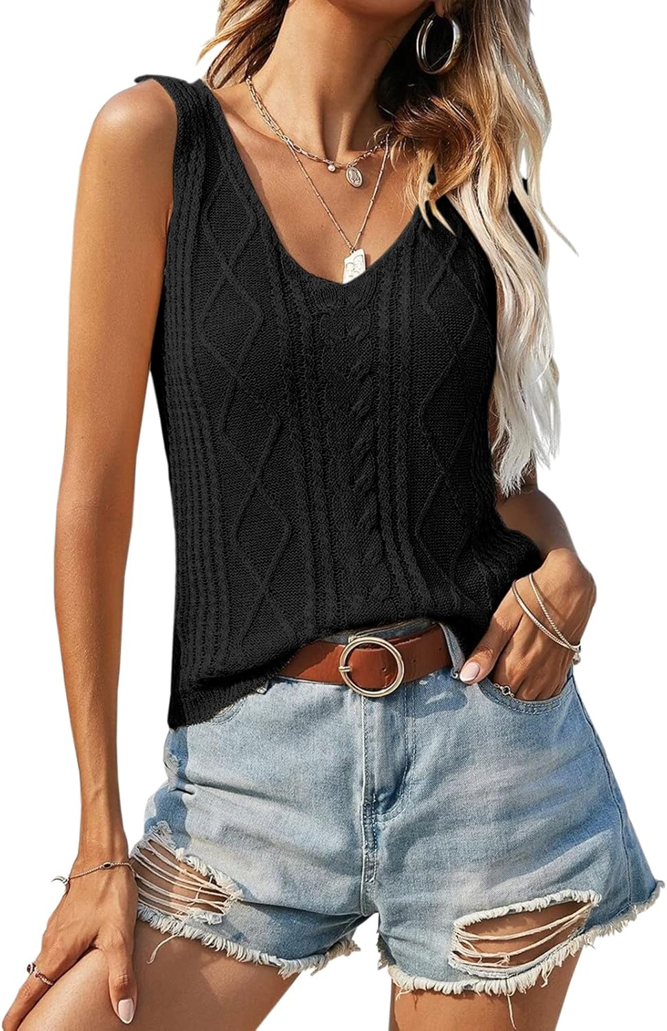 Dellytop Women's V Neck Knit Tank Tops 2025 Summer Casual Sleeveless Shirts Sweater Vest