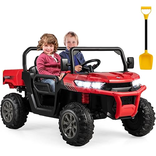 Costzon Ride On Dump Truck with Remote Control, 12V Electric Kids UTV w/Electric Dump Bed, Rocking Function, Shovel, 4 Spring Suspensions, Wireless Design, 2-Seater Ride on Car Gift for Kids (Red)
