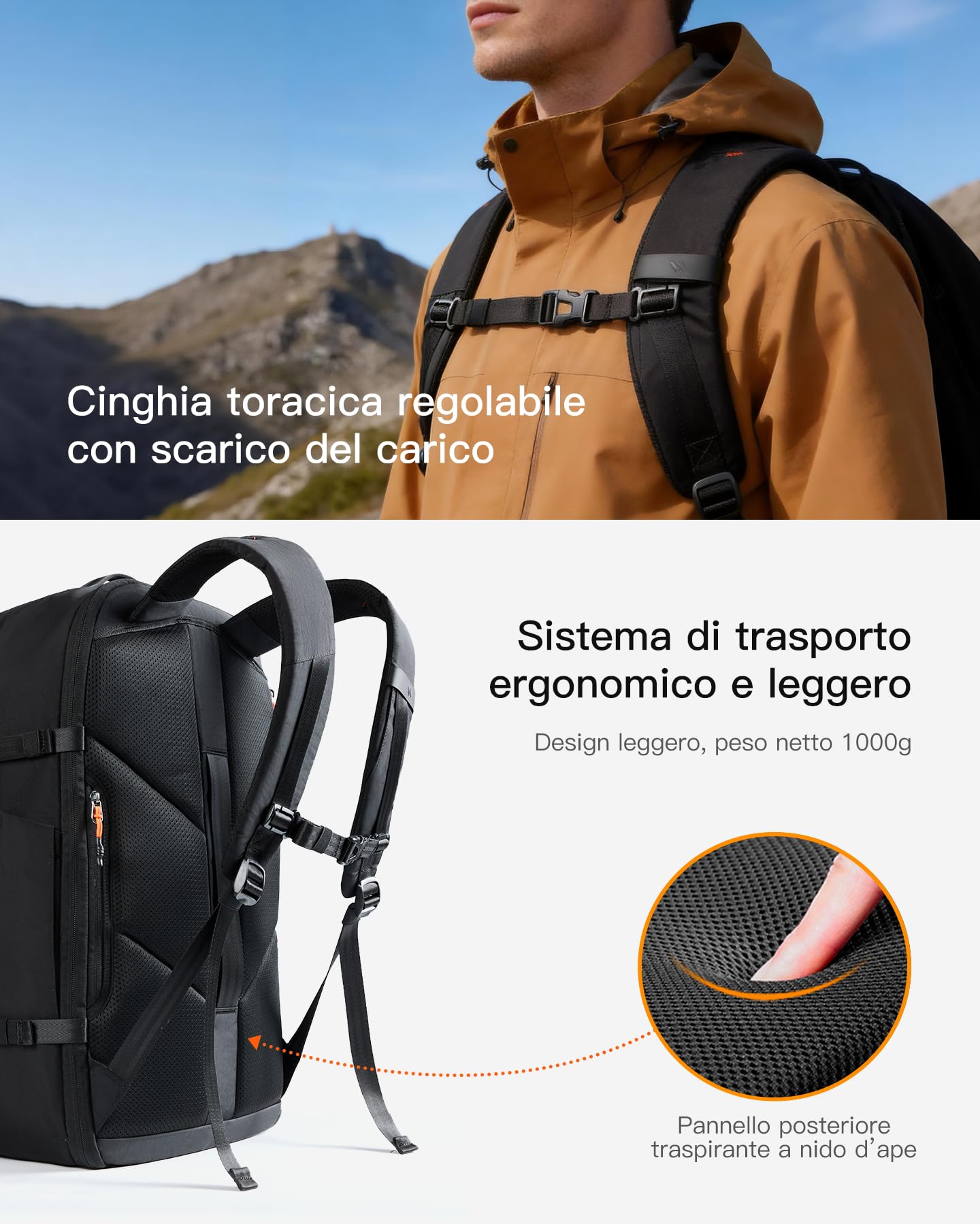 Inateck Zaino Viaggio leggero 38.5-46.2L Espandibile,Adatto alla TSA, Zaini per Portatili fino a 15.6-16 Pollici, per Uomo e Donna, per Viaggi, Escursioni all'aperto,Nero