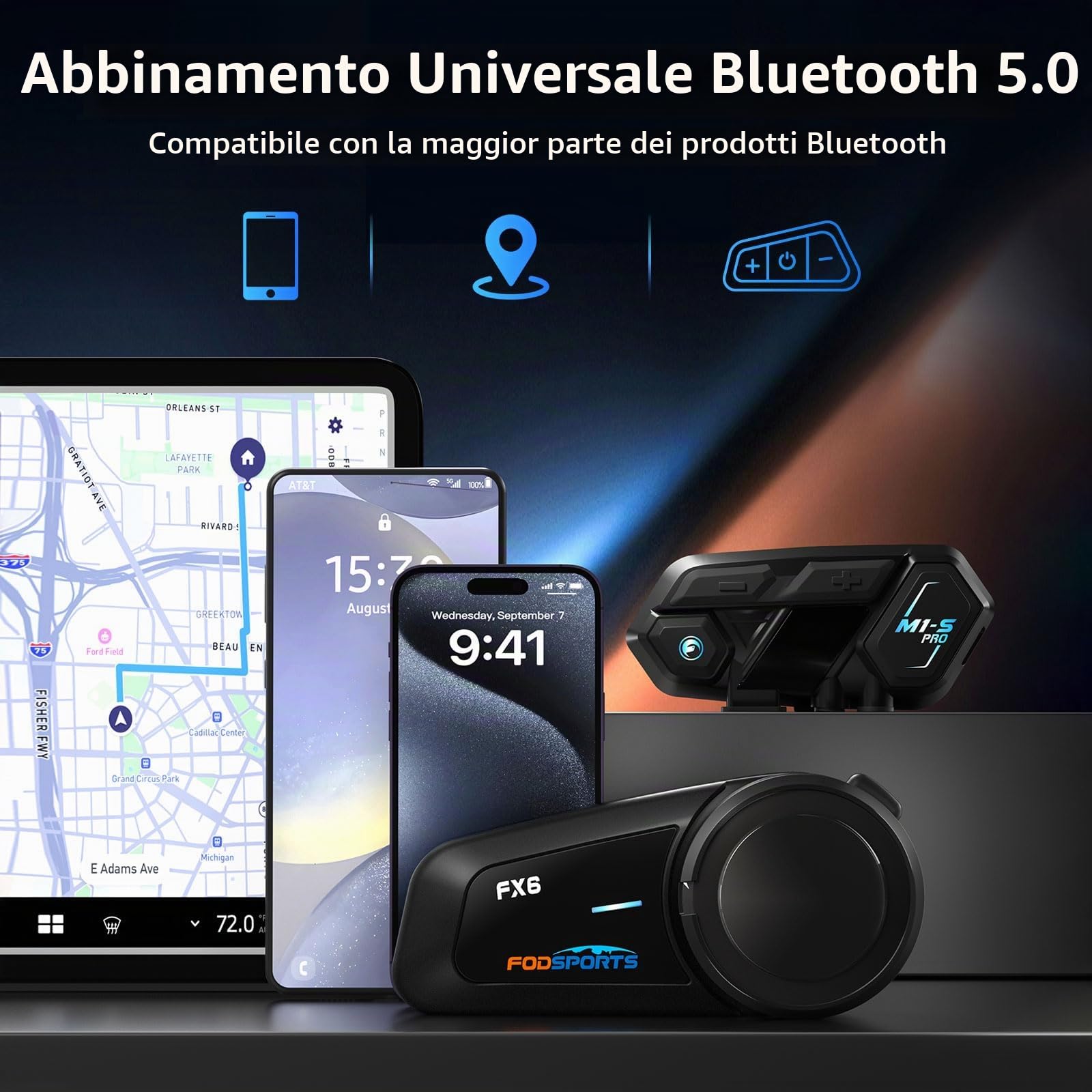 FODSPORTS FX6 Interfono Moto Bluetooth Casco Audio Stereo Hi-Fi CVC Riduzione Rumore Auricolare Per 6 Motociclisti Simultaneo Entro 1000m Mani Libere GPS FM