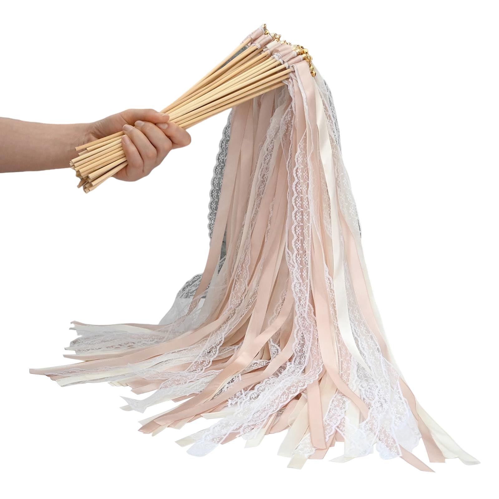 Lot de 50 baguettes de mariage en champagne avec cloche, baguettes de mariage en dentelle romantique avec rubans de mariage, baguettes magiques pour mariage et serpentins, cadeaux pour