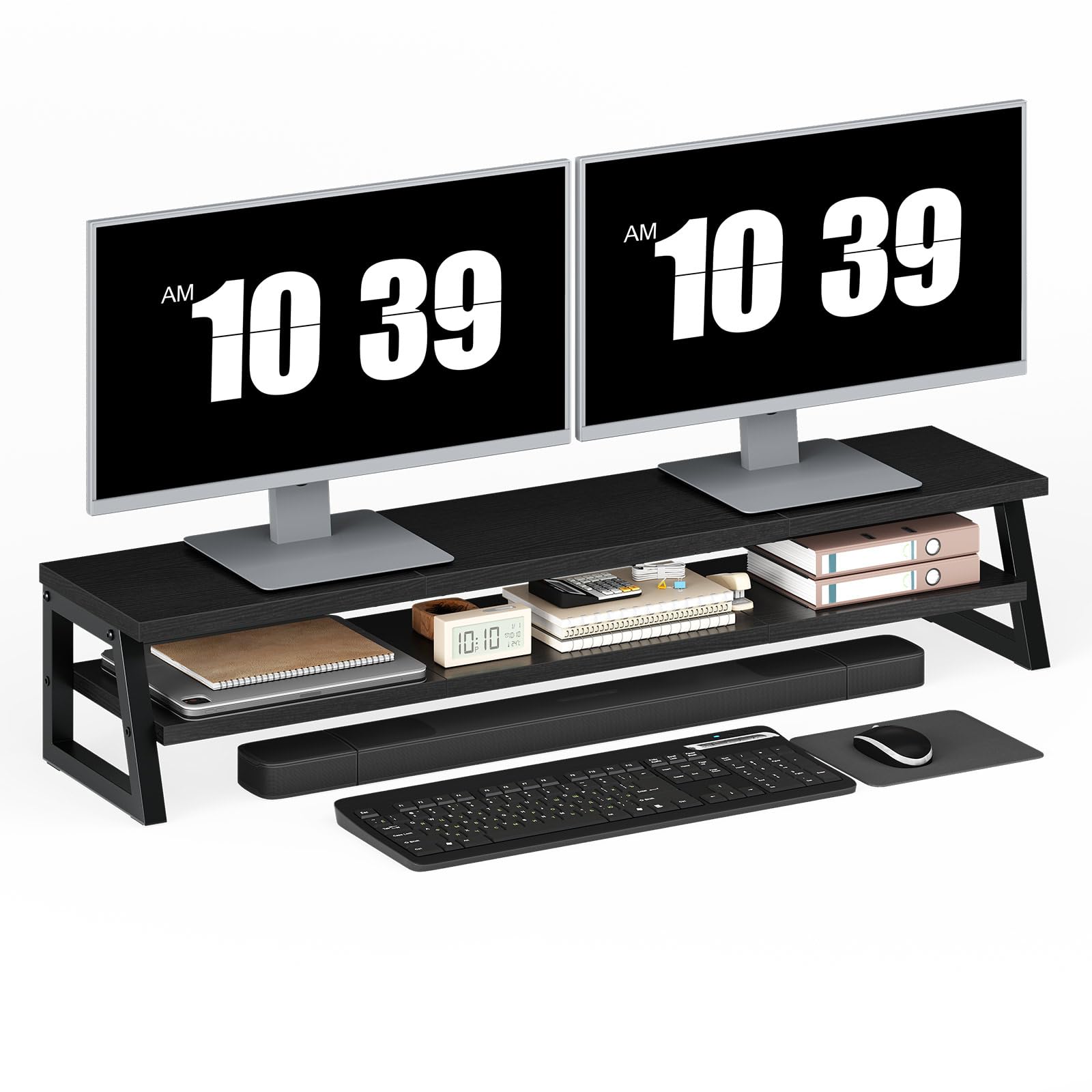 HOOBRO 2-stufiger Monitorständer Holz für 2 Monitore, 100 x 24 x 19,5 cm, Dual Monitor Ständer, Bildschirmerhöhung, Monitor Erhöhung, Schreibtischregal für Büro und Heimarbeit, Schwarz EBB122CJ01