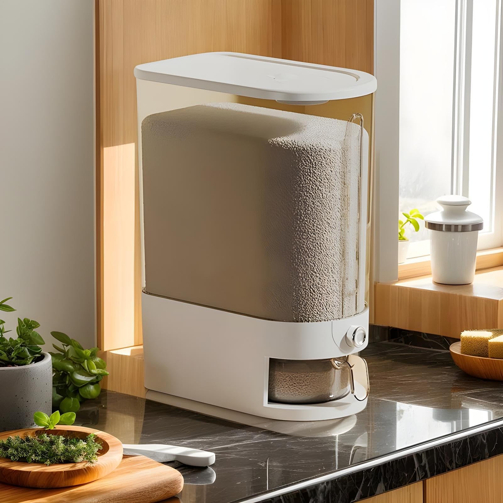 Dispenser per riso, 10 kg, contenitori per cereali e farina, cereale, con misurino, secchio sigillato a prova di umidità per dispensa e ristorante, congelatore all'aperto
