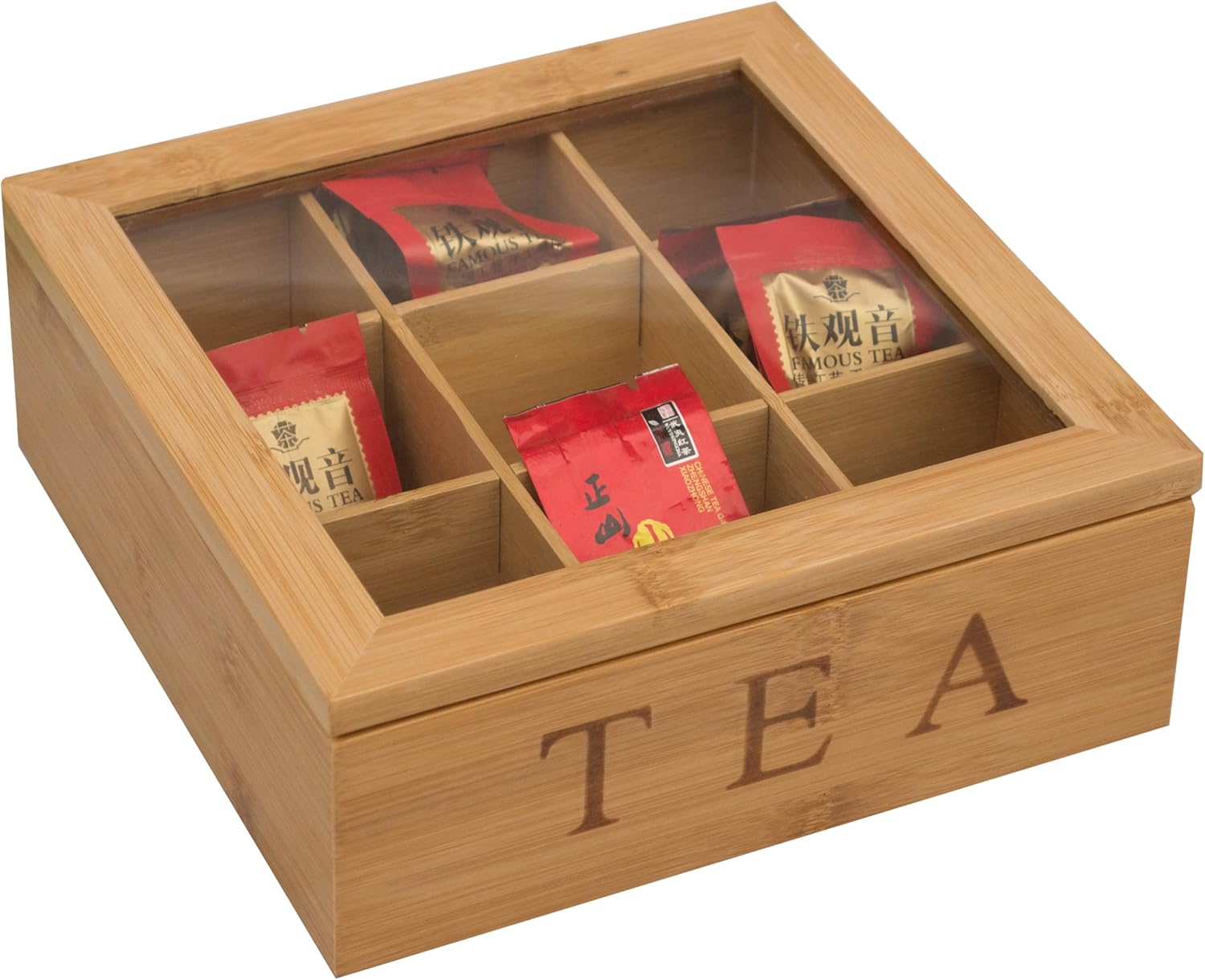 Tea Box Organizer,Bamboo Tea Bag Holder Organizer,Wooden Teas Bag Storage with 9 Compartments and Clear Glass Cover for Home Office Gift