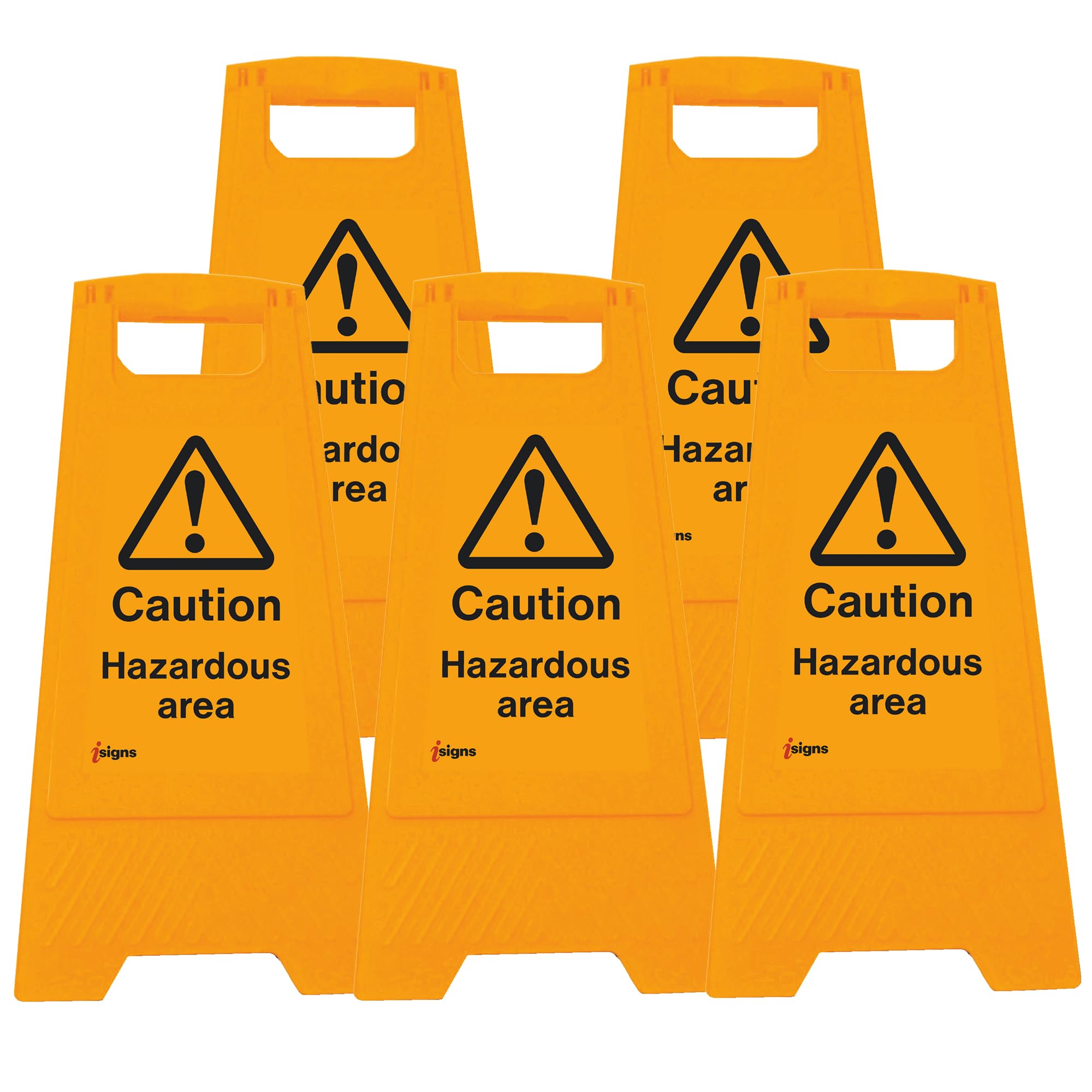 iSigns Floor Signs (Caution Hazardous Area) Free-Standing Danger Sign for Factories, Warehouses and More, A-Frame Site Safety Sign, 300x575mm Caution Sign (Pack of 5)