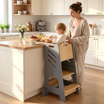 Toddler Tower with Sliding Panel, 3-Level Adjustable Kitchen Stool,Sturdy