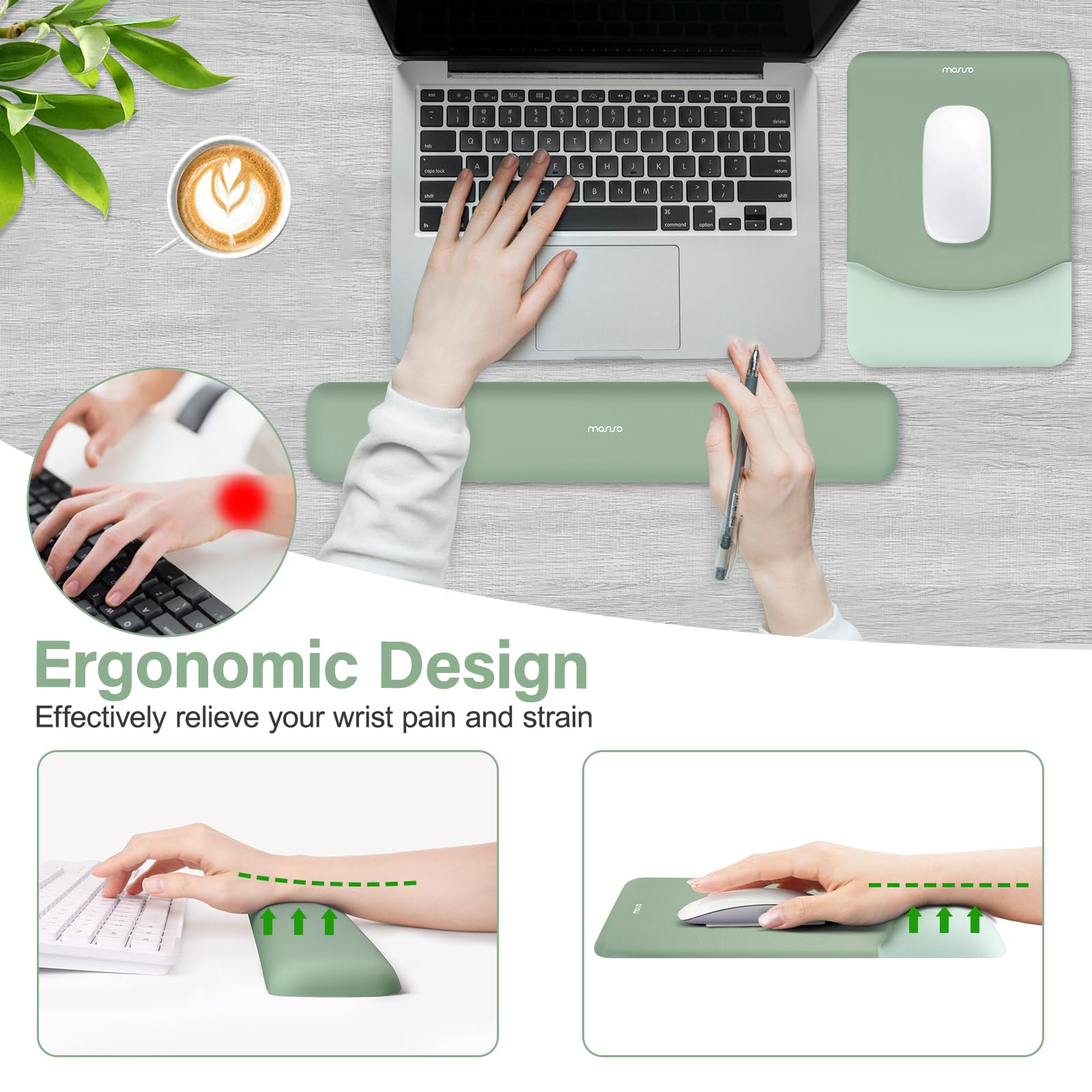 MOSISO Juego Alfombrilla Ratón Teclado,Ayuda Ratón Juego&Muñequera Rectangular Teclado&Mousepad con Muñequero&Coaster,Mousepad Ergonomía Non-Slip&Easy Typing Pad con Memory Foam Curvado,Verde Antiguo