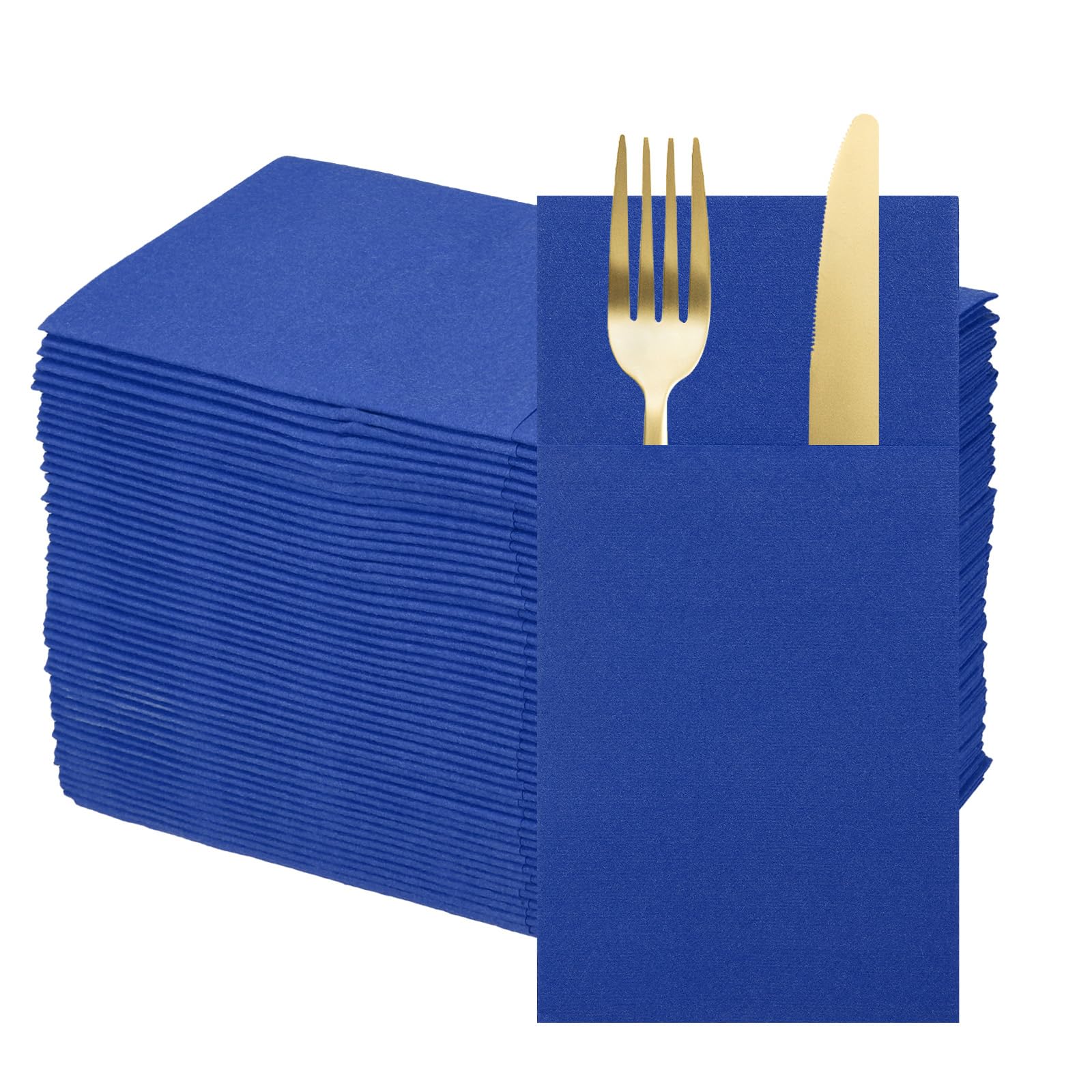 uxcell Lot de 50 serviettes jetables au toucher lin avec poches intégrées pour couverts - Serviettes de table en papier pour couteaux et fourchettes, essuie-mains pour fête de mariage - Bleu foncé