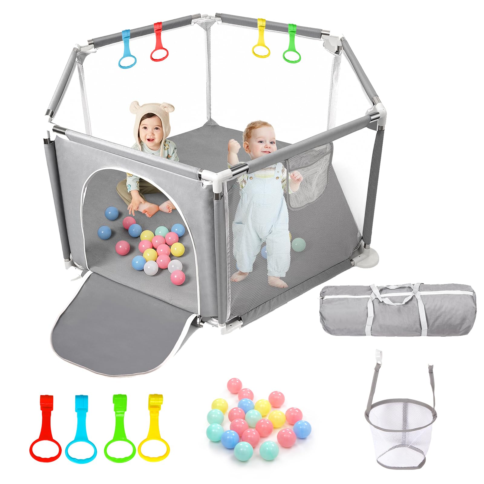 CHOLY Baby Playpen for Baby and Toddlers, Sturdy Six Sides Play Pen with Breathable Mesh, Kids Activity Play Fence for Indoor Outdoor with Travel Bag(Light Grey)