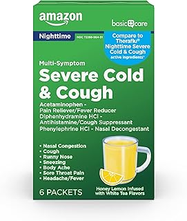 Amazon Basic Care Nighttime Severe Cold, Flu and Cough, Pain Reliever/Fever Reducer, Nasal Decongestant, Cough Suppressan...