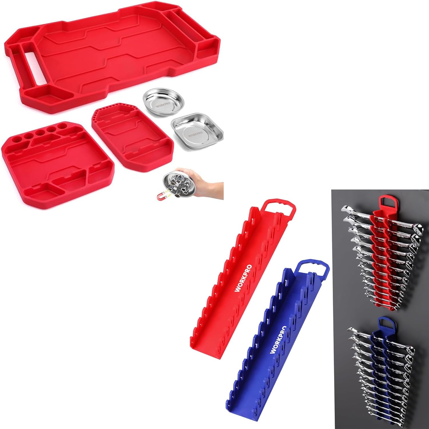 WORKPRO 2-Pack Magnetic Wrench Organizer & 5-Piece Non-Slip Tool Tray Set