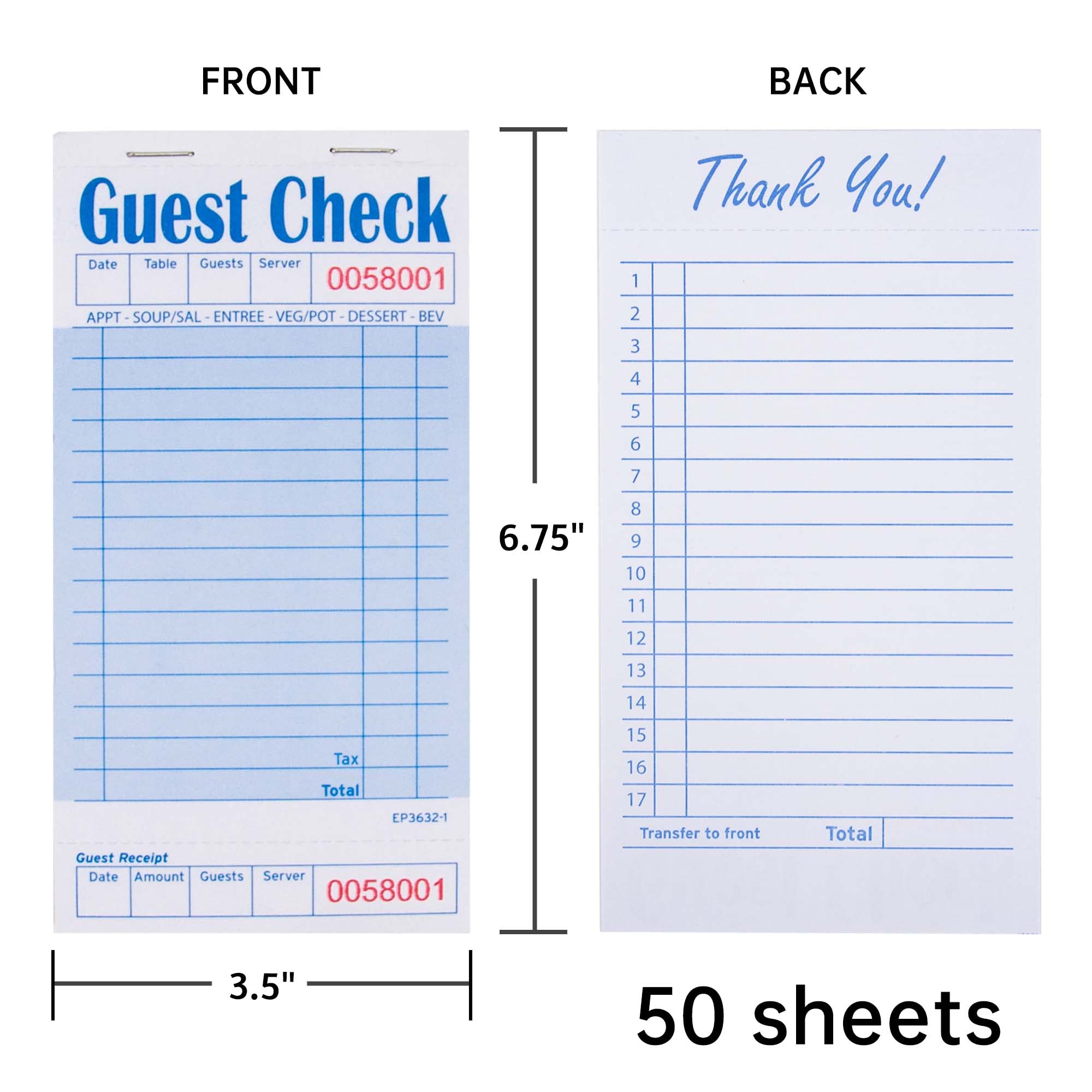 DGBDPACK Guest Check Pads EP-3632-1 Lot de 10 blocs de 500 carnets bleus pour serveuse 500 feuilles