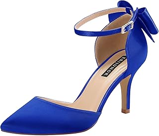 Wedding Evening Party Shoes Comfortable Mid Heels Pumps with Bow Knot Ankle Strap Wide Width Satin Shoes - Buy now