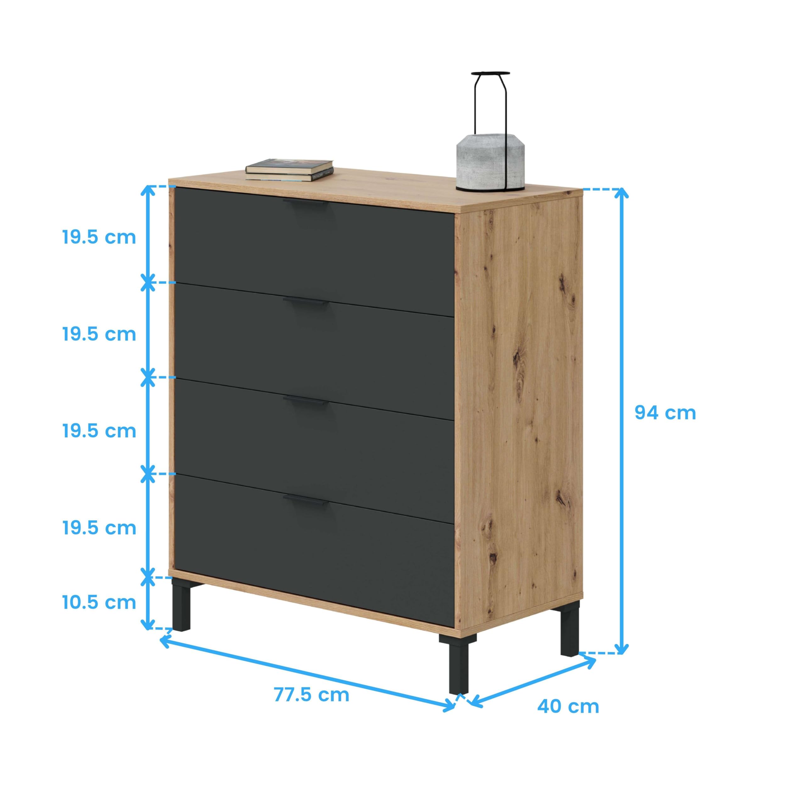 Habitdesign Comoda con 4 Cajones, para Dormitorio, Modelo Enzo, Acabado en Color Roble Nodi y Gris Antracita, Medidas: 77,5 cm (Ancho) x 94 cm (Alto) x 40 cm (Fondo)