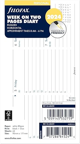 Filofax Recambio de diario para calendario, tamaño personalcompacto, vista semanal con citas, horizontal, papel blanco, a rayas, inglés, 2024
