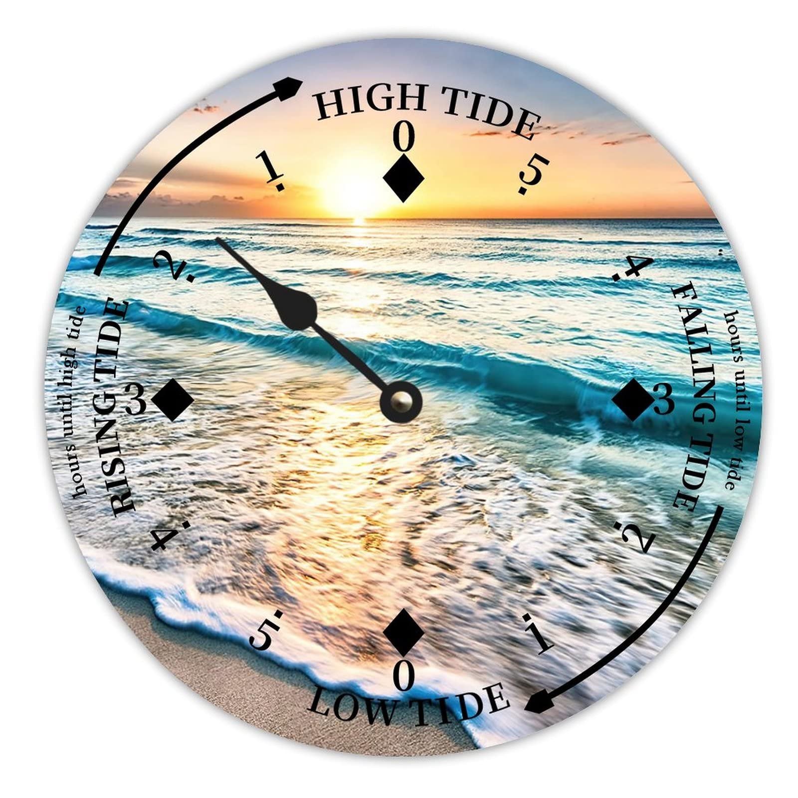 Luijorgy Style-8 Ocean Beach Sunset Tide Clock Silent Non-Ticking Battery Operated Wooden Moon Tidal Clock Wood Wall Art Nautical Tide Movement Clock For Restaurant Living Room Home Decor 10 Inch