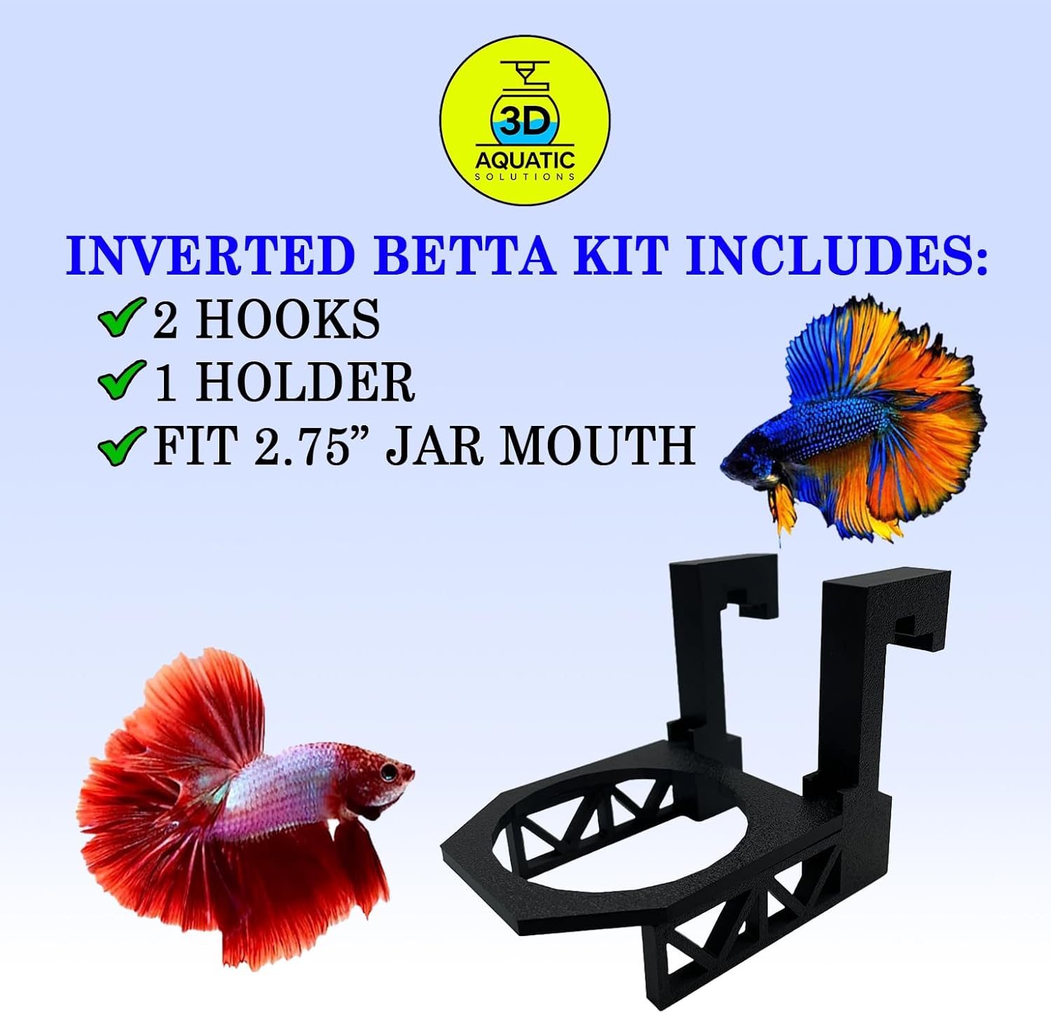 Inverted Betta Tank Holder Kit, 360-Degree Panoramic View for Betta Fish, Expands Swimming Space, Aquarium Inverted Holder, Made in Canada (Black, Small Kit with Jar)