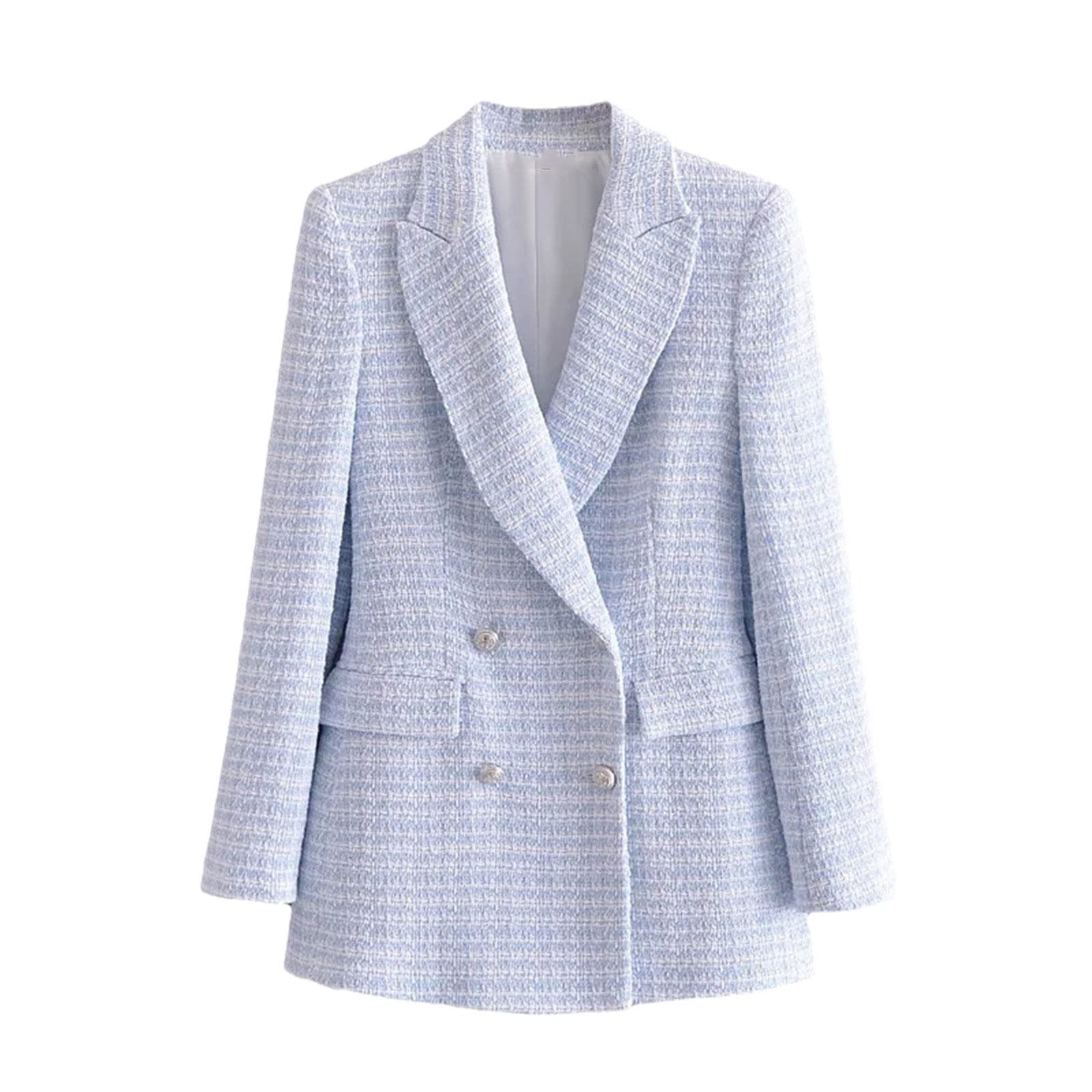 Donne Moda Doppio Petto Tweed Check Blazer Cappotto Vintage Manica Lunga Tasche Giacche Femminili