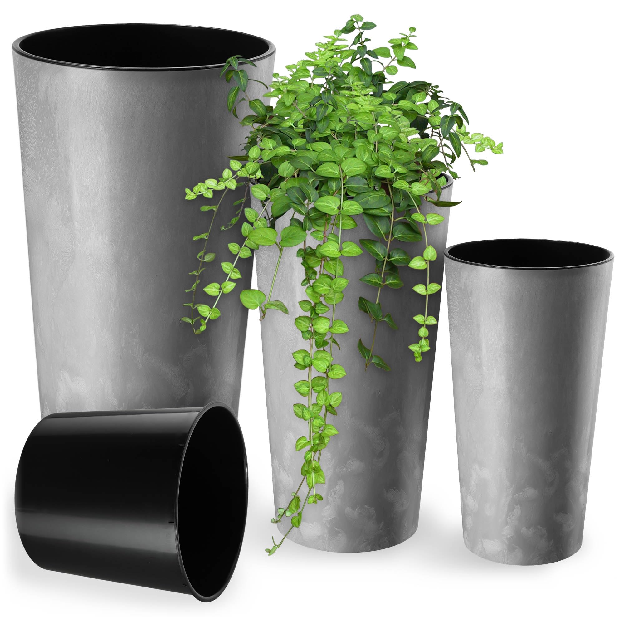 KADAX 3er Set Blumentopf mit Holzspänen, eleganter Übertopf mit herausnehmbarer Einlage, Blumentopfschutz für Büro, Blumenkübel, Topf, Gartenschale (Grauer Beton)