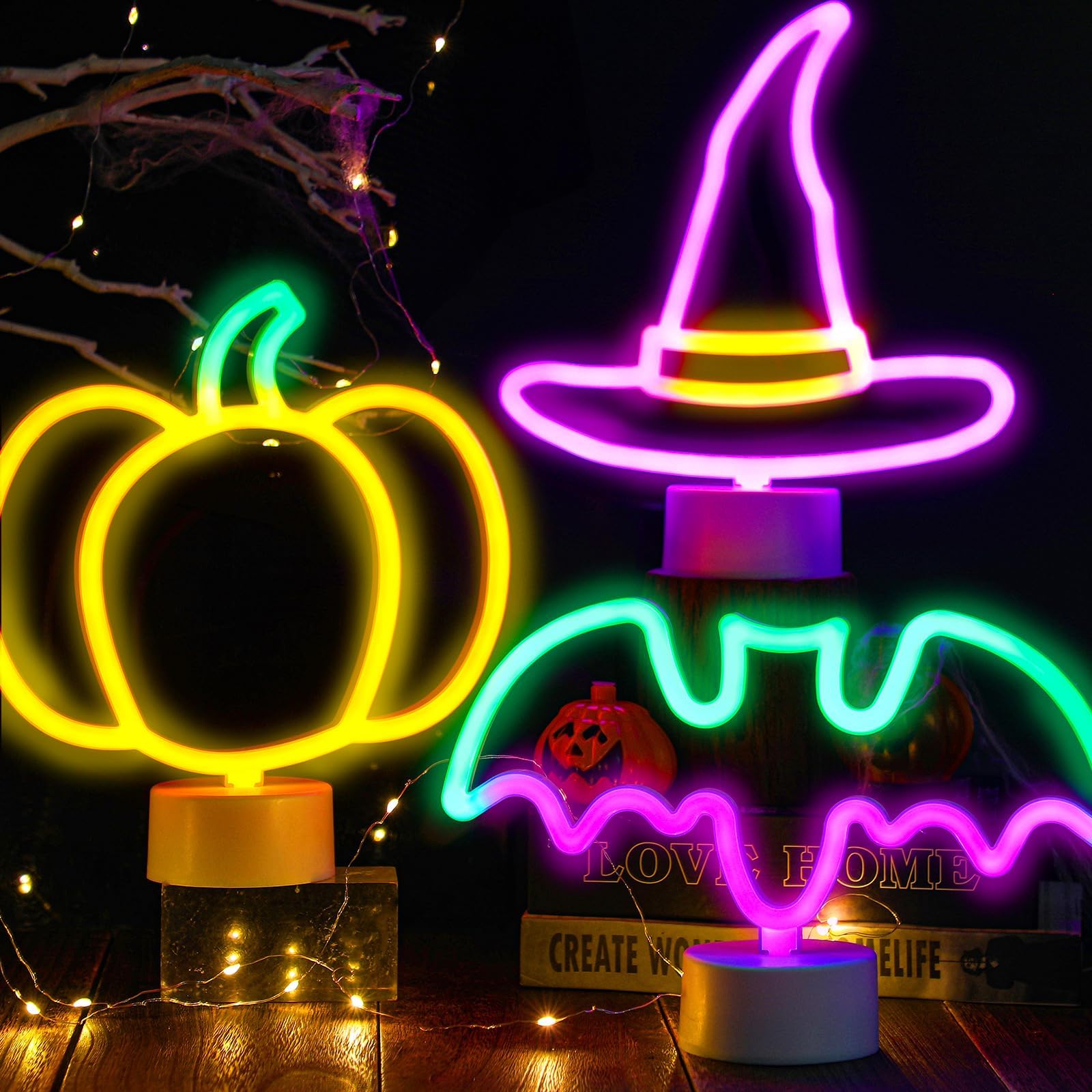 VIHOSE 3 Pcs Halloween LED Neon Lights Aesthetic Bat Shape Neon Signs Decorative Cute Pumpkin Decorations Battery Operated Night Lights with Holder Base for Bedroom Bar Kids Table Room Decoration
