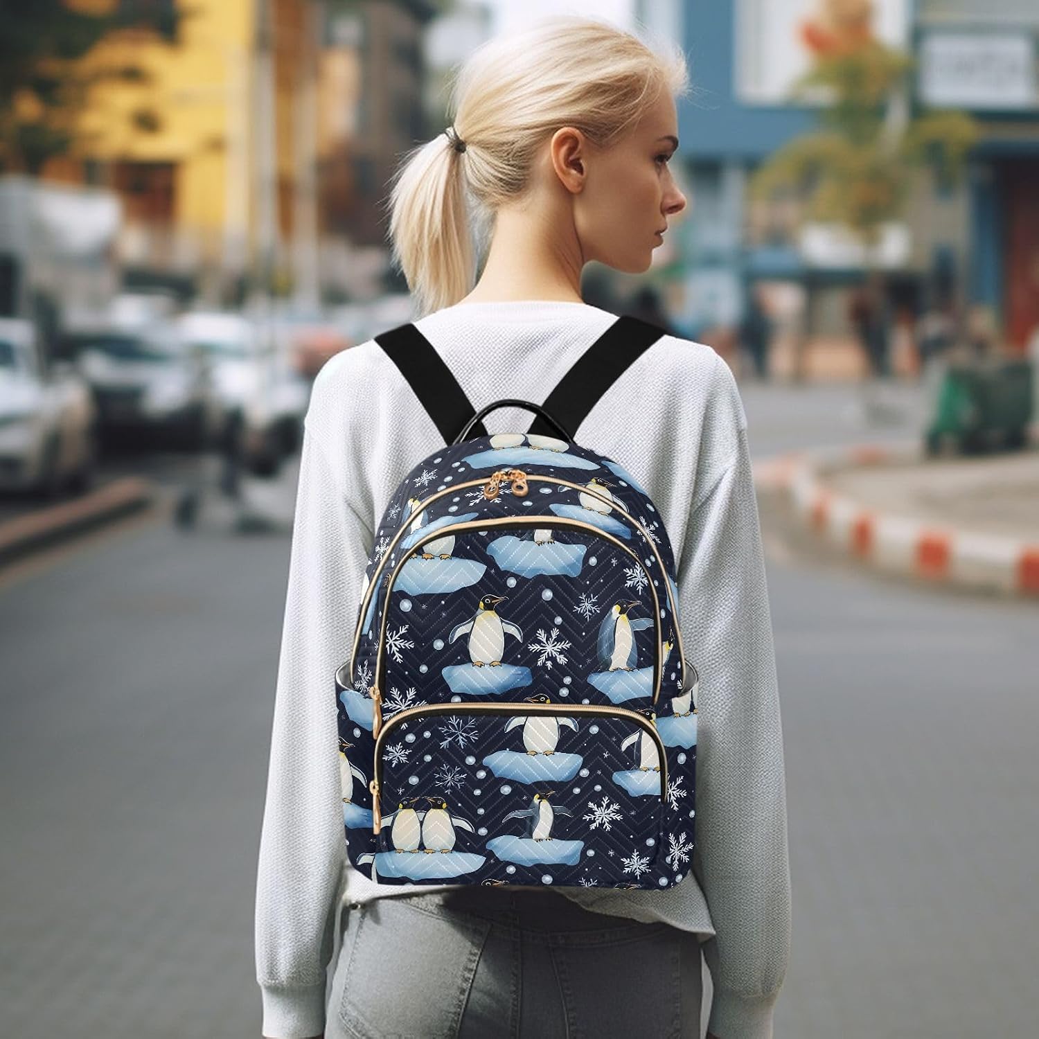 Penguin on Ice Snowflake Pattern Backpack Purse for Women Shoulder Bag Fashion Daypack Ladies Handbag Lightweight Travel Bag Rucksack