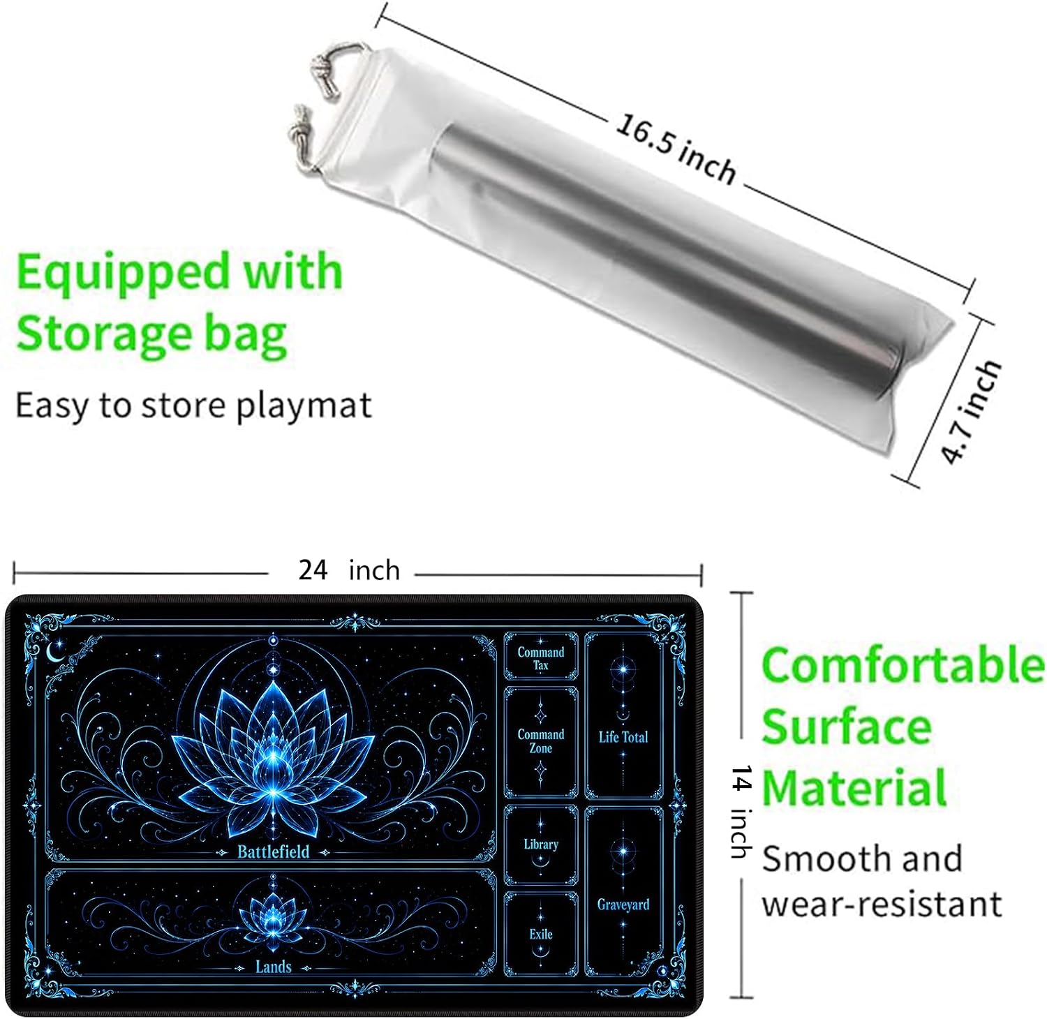 Playmat for MTG with Zones, 24 x 14 Inch Card Game Mat, Stitched Edges, Non Slip Rubber Base, 2mm Washable Play Mat with Storage Bag, Lotus Flower Design, Blue Color