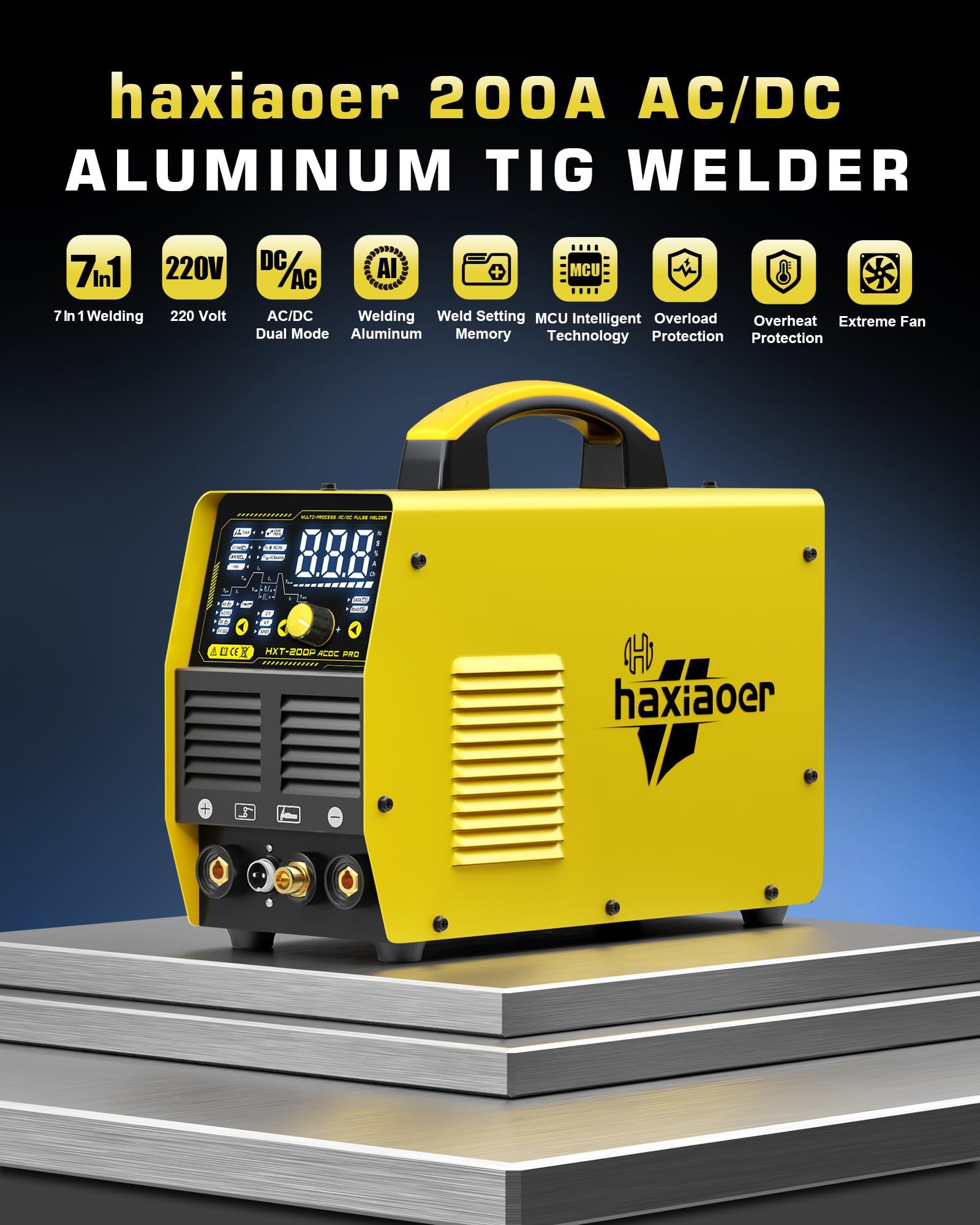 Haxiaoer TIG - Soldadora AC DC 200 A, 7 en 1 multifunción AC TIG/DC WIG/MMAE hand/argón/soldadura por puntos, pantalla LED digital con accesorios para aluminio y acero
