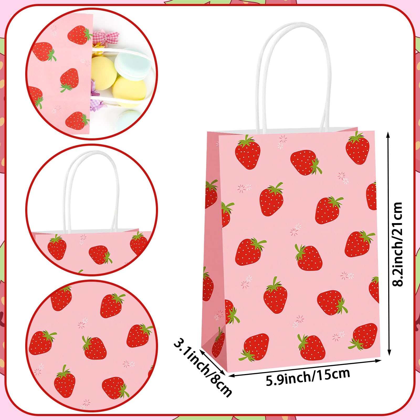 Hxezoc 12 Pieces Strawberry Gift Bags with Handle, Paper Treat Candy Bag Strawberry Party Favor Bags for Strawberry Theme Sweet Birthday Party Decoration Supplies