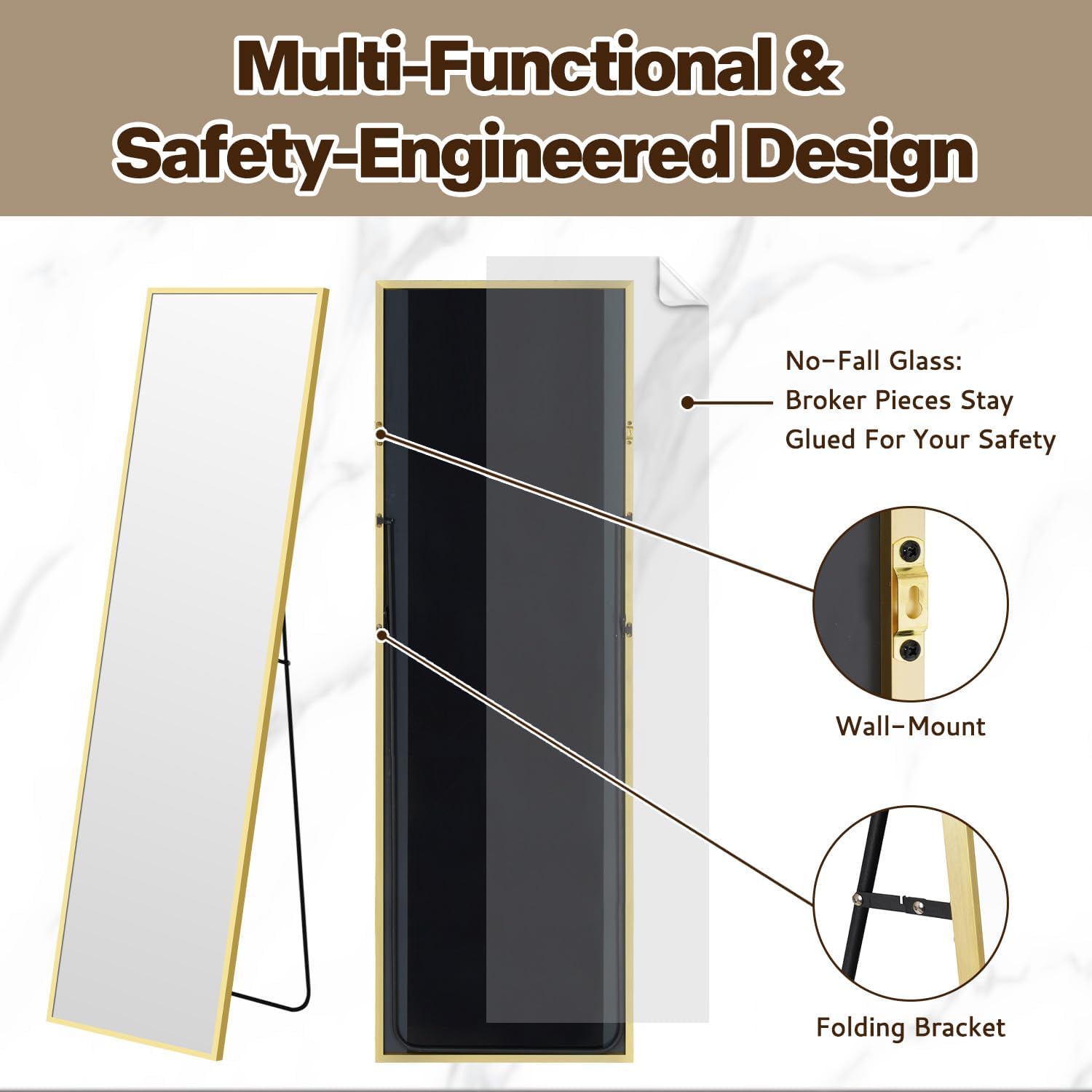 PUZONJIG 55x15'' Rectangle Full Length Mirror Wall Mounted, Long Gold Standing Floor Mirror, Full Body Tempered Glass Mirror with Aluminum Frame for Bedroom, Living Room, Bathroom, Entryway Decor