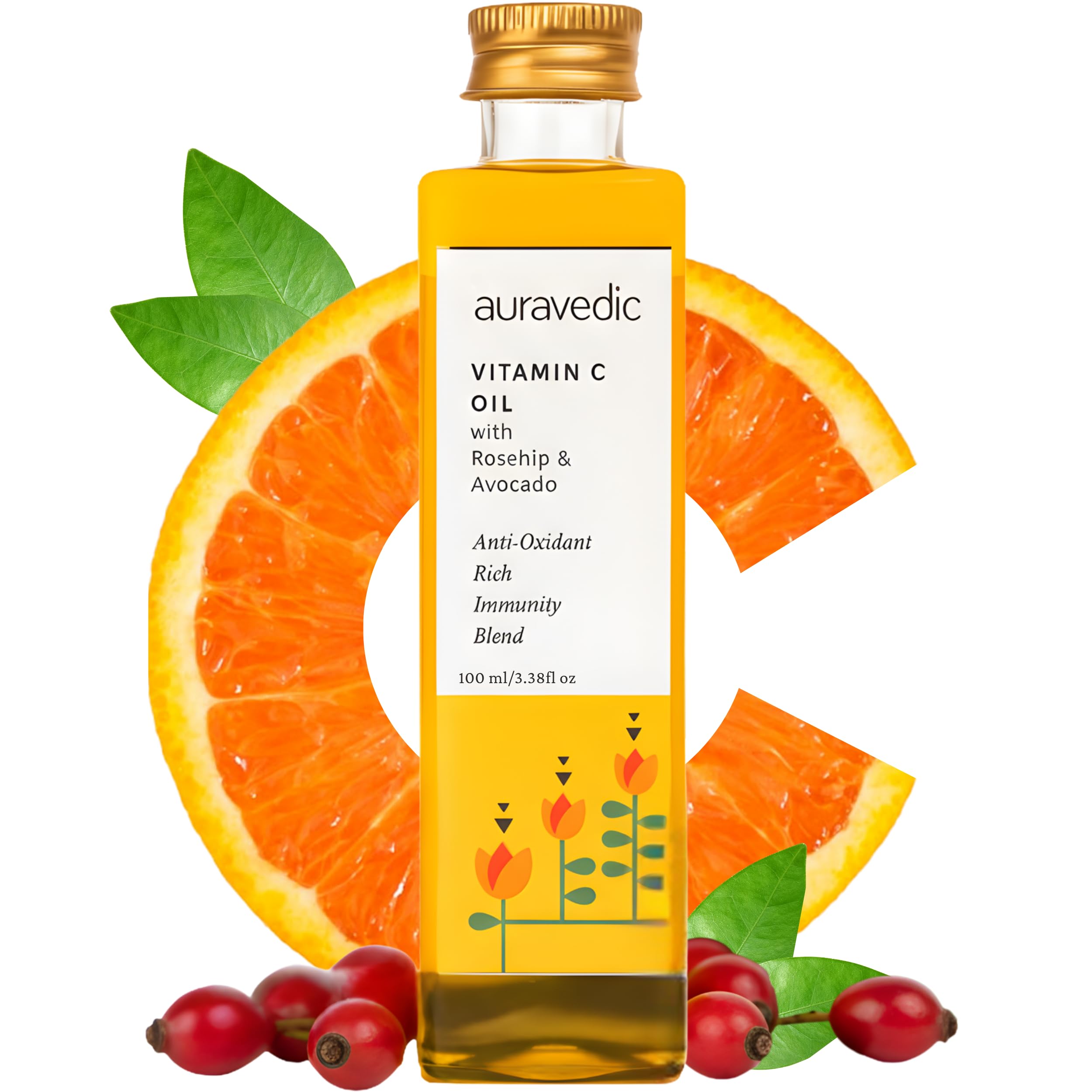 Auravedic Vitamin C Face Oil | with Rosehip, Avocado and Vitamin E | Natural & Organic Skin Moisturizer | Ayurvedic Facial Massage Oil for Soft, Smooth Skin | 3.38 Fl Oz (100ml)