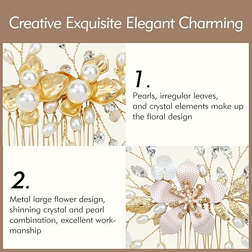 Miniatura 5 de inSowni Paquete de 36 peines laterales de boda con hojas de flores doradas+horquillas en forma de U + pinzas de pelo con diamantes de imitación en