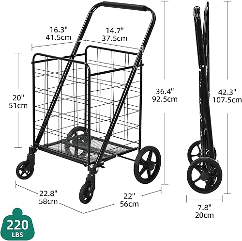 Miniatura 4 de YITAHOME Carrito de compras plegable con ruedas, carrito de comestibles plegable con panel inferior de malla reforzada, carrito plegable portátil
