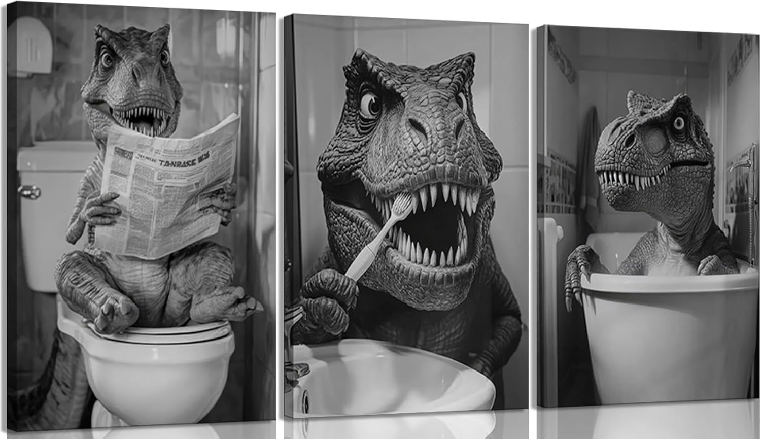 Kyiyhzp Funny Dinosaur Bathroom Wall Art Dinosaur on Toilet Canvas Print Painting Black And White Animal in Bathtub Wall Decor Artwork for Kids Room Restroom Home Decoration 16x24in