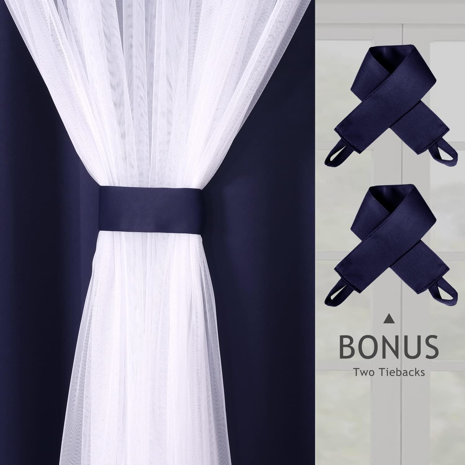 BONZER White Sheer Tulle Overlay Blackout Curtains Grommet Top Mix and Match Curtains for Bedroom, Navy, 52x63 Inch, Set of 2 Panels