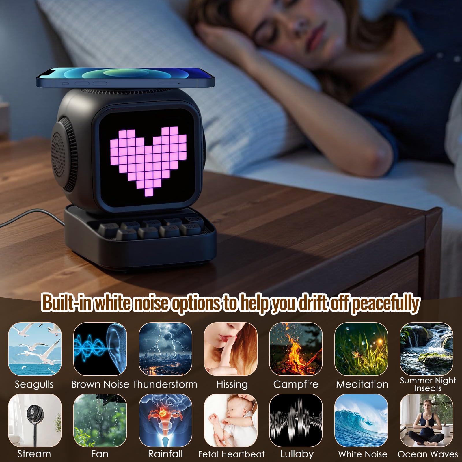 Cassa Bluetooth Portatile Potente 15W con stazione di ricarica induttiva, orologio da tavolo digitale intelligente, sveglia con rumore bianco, per scrivania, ufficio, adatto come regalo (Nero)