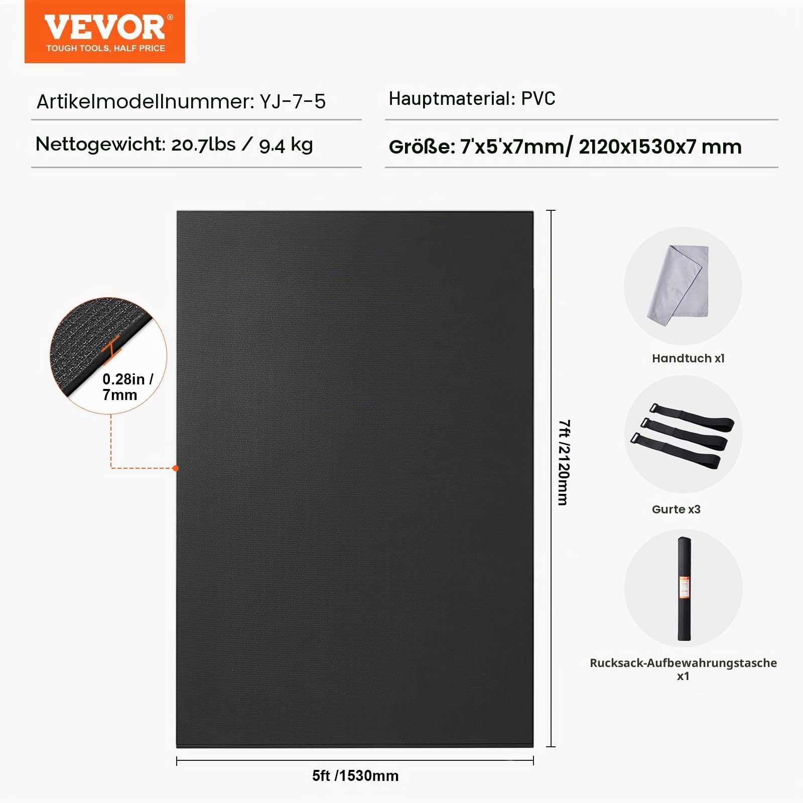VEVOR Große Trainingsmatte, 3,5 x 1,8 m, 2,4 x 1,8 m, 2,3 x 1,8 m, 2,3 x 1,5 m, 7 mm, extra dick, rutschfest, hochdicht, Premium-Workout-Matte für Damen und Herren, Fitness- und Übungsmatte mit Tasche