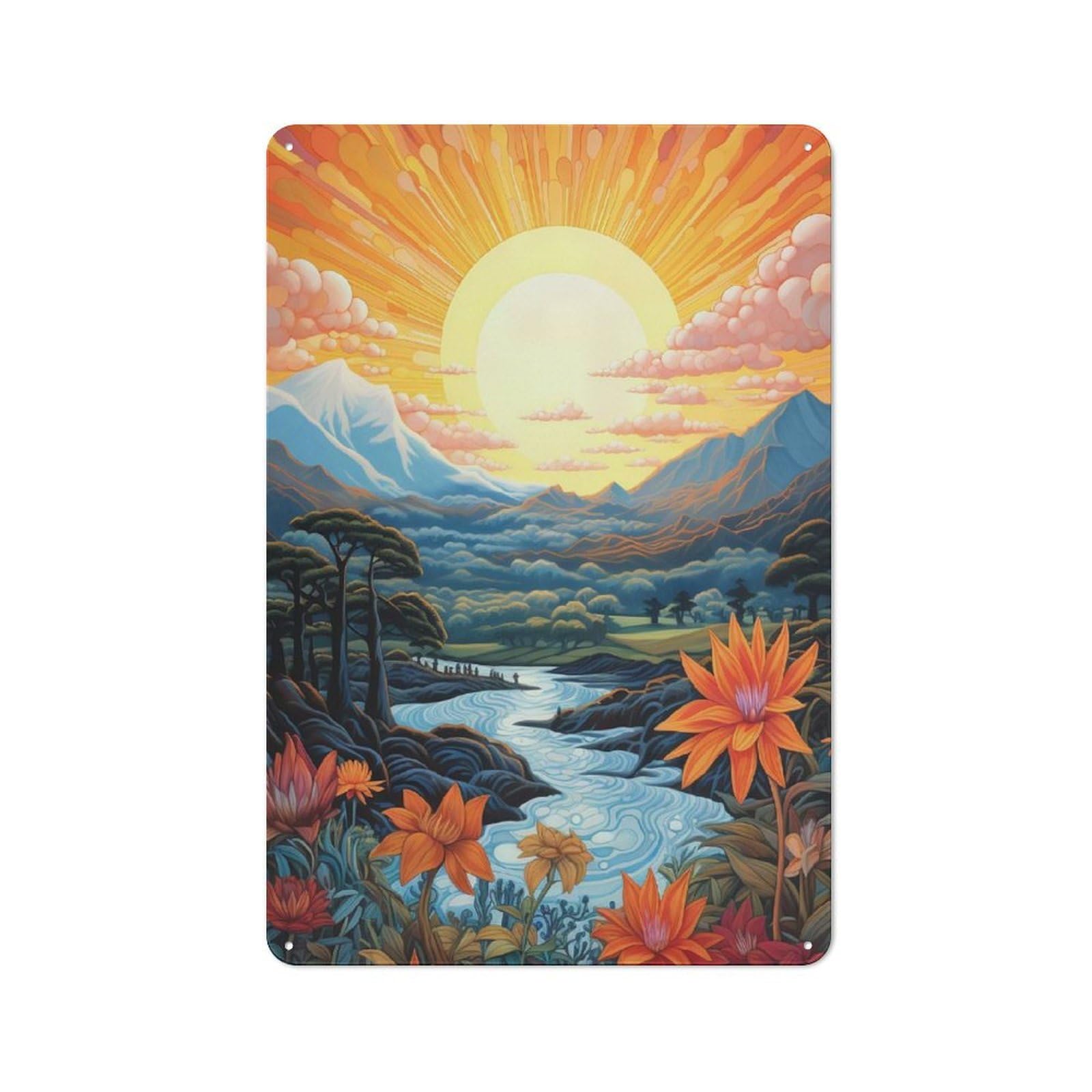 Junmoney Vibrant Landscape With River And Flowers Understated Office Metal Sign 30X20cm Featuring Study Room Decor For Home Office, Reading Corner Or Bedroom