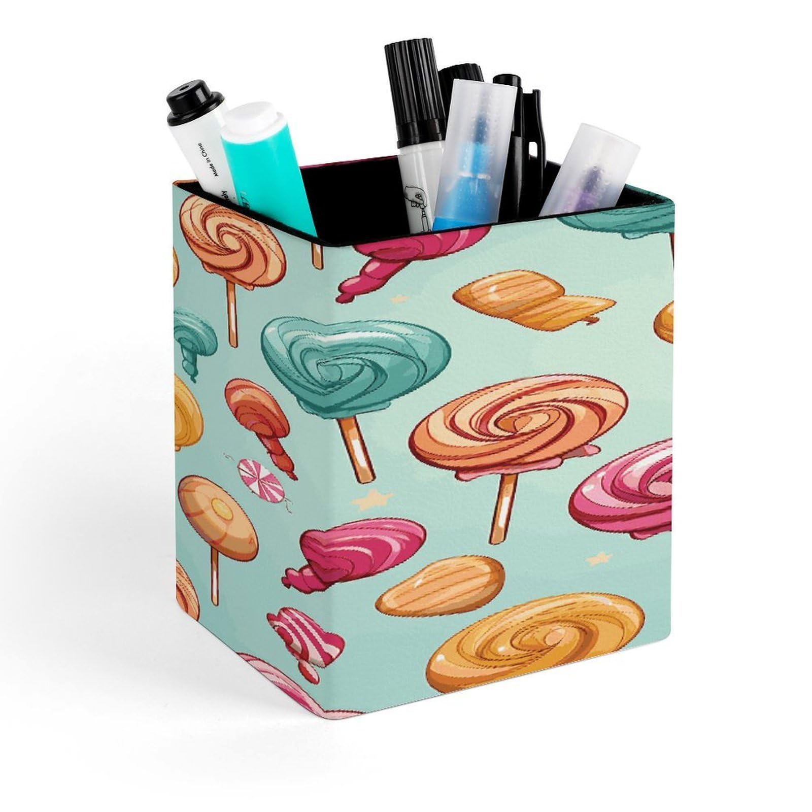 JTREHY Candy Pen Holder Square Pen Pencil Holder Makeup Brush Holders Cup PU Leather Pencil Cups Desktop Caddy Stationery Organizer Case Office Accessories Container Box