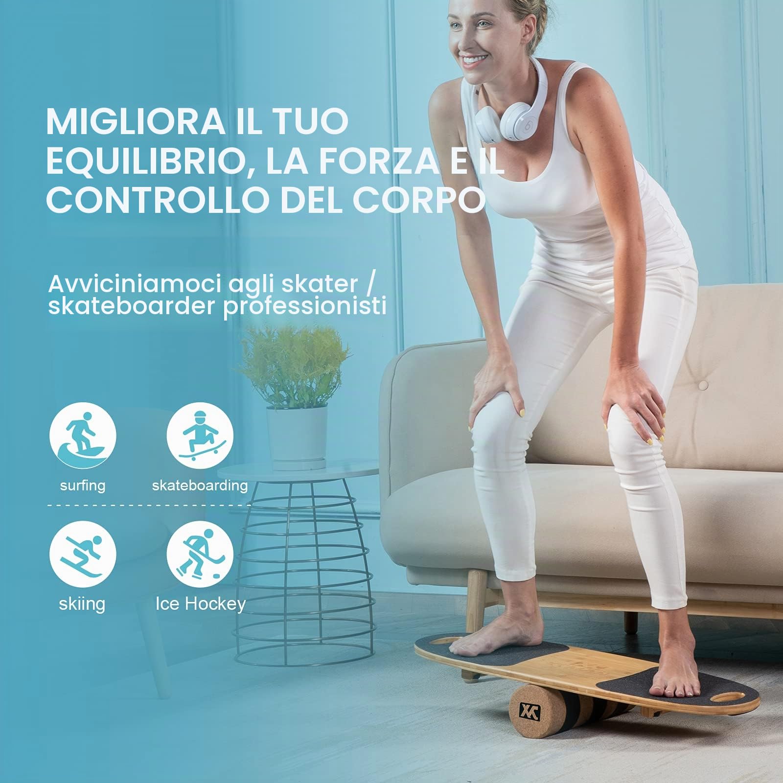 XCMAN Balance Board Trainer in bambù con tappi regolabili – 3 diverse opzioni di distanza | Balance Board per surf, snowboard, sci, skateboard e allenamento yoga
