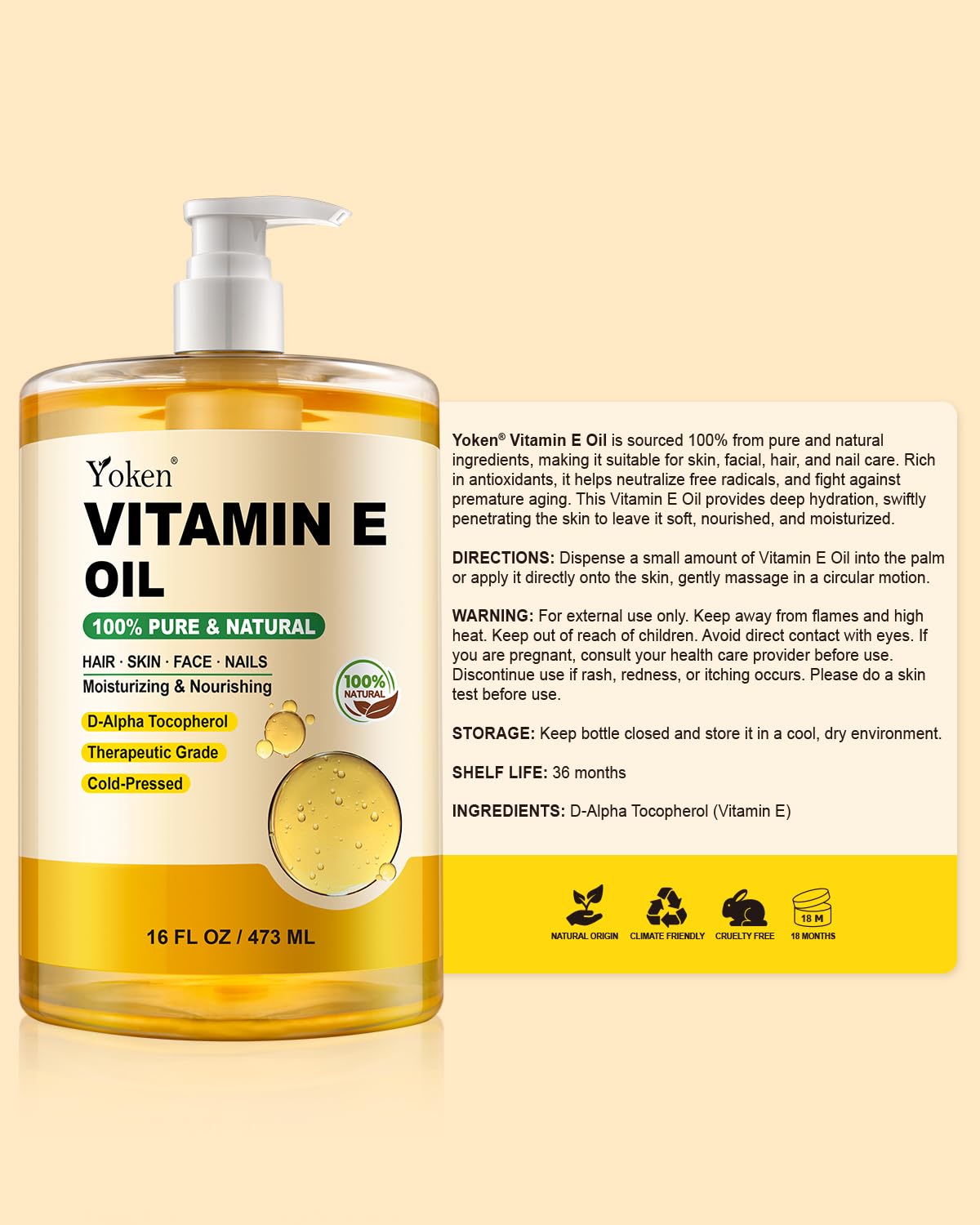Yoken Aceite de vitamina E para la piel, 16 onzas, aceites de baño corporal para rostro prensado en frío | Pure D-Alpha Tocoferol Liquid Vitamina Nails Vit e Women Hidratante Piel Seca Sin Perfume Aceite Hidratante Sin Hexano