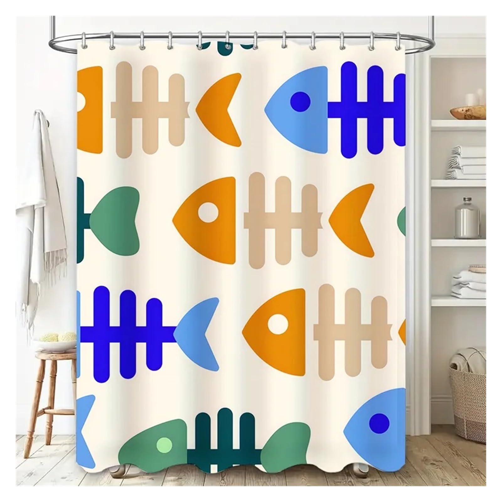 Cortina de Ducha con Estampado Animales, diseño Naranja y Azul, for decoración baño, Juego Accesorios for el hogar, 1 Unidad(180x180cm)