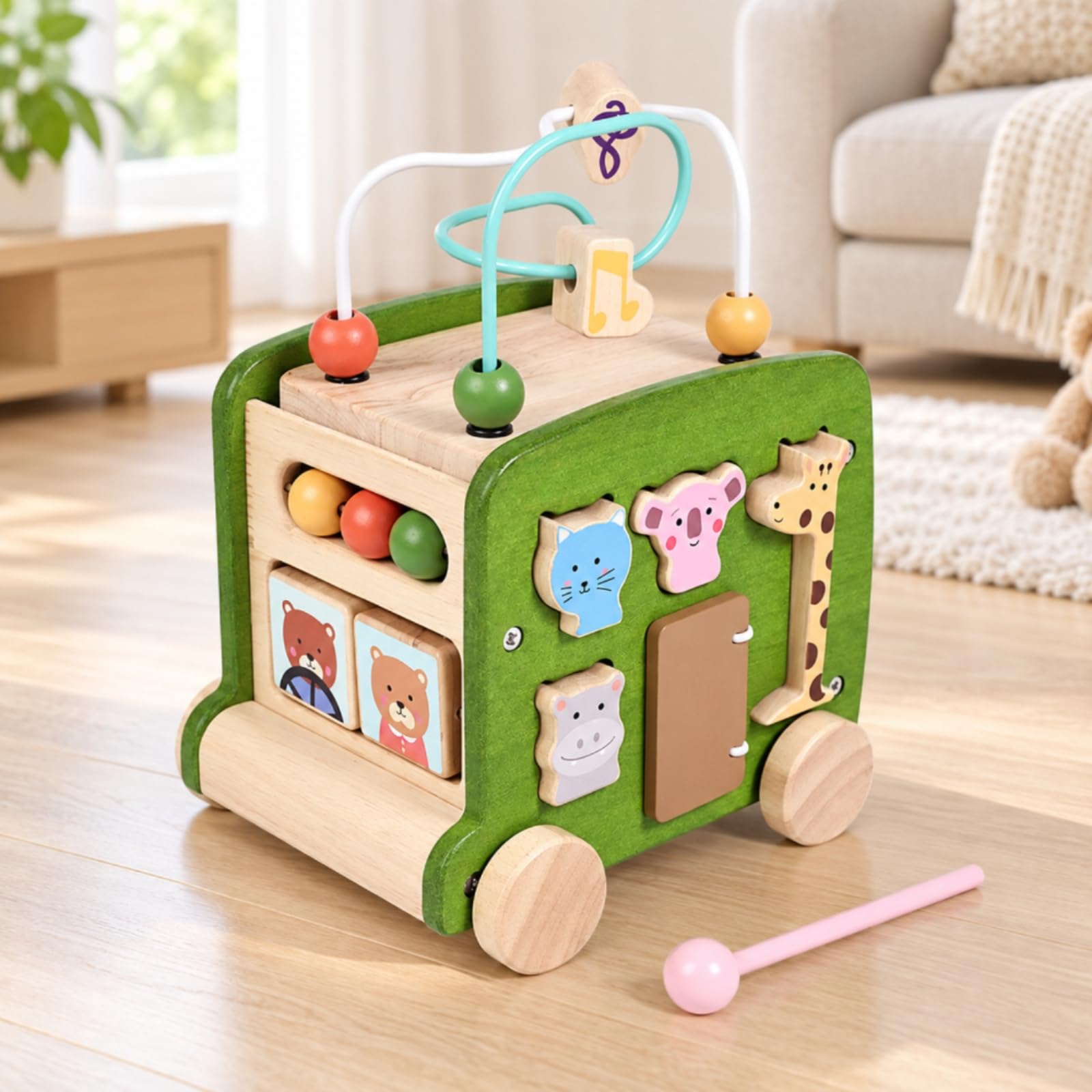 Gioco Multifunzionale per la Motricità Fine Creativo Giocattolo a Forma di Autobus con Percorso di Perline Sensoriale per Bambini Piccoli, Verde