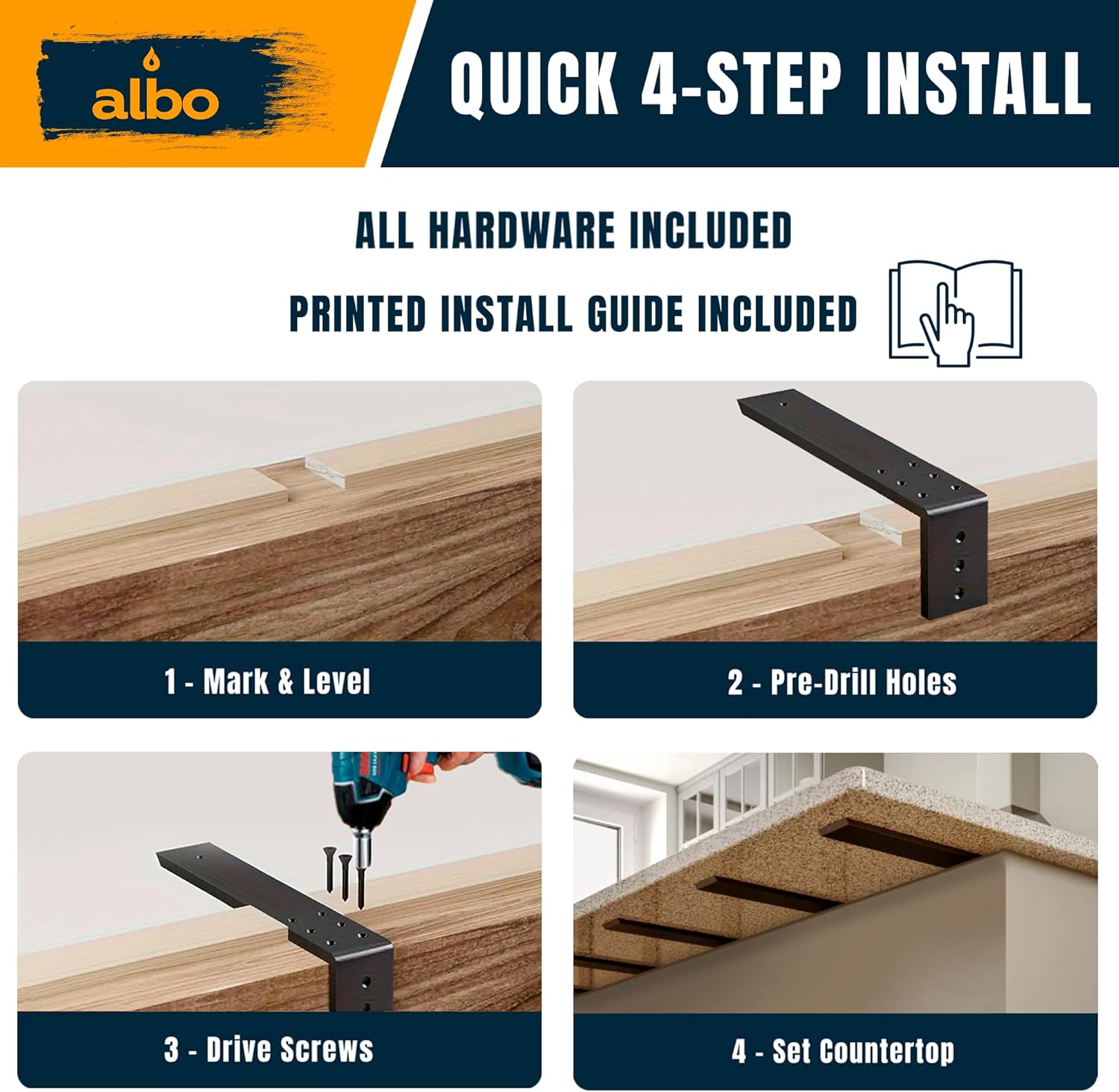 ALBO 16" Heavy Duty Countertop Support Brackets 2PCS, 600 lb 3/8" Steel – Hidden Knee-Wall Corbel | Matte Black Powder-Coated L Brackets Incl Screws & Anchors for Quartz Granite Wood Concrete Laminate