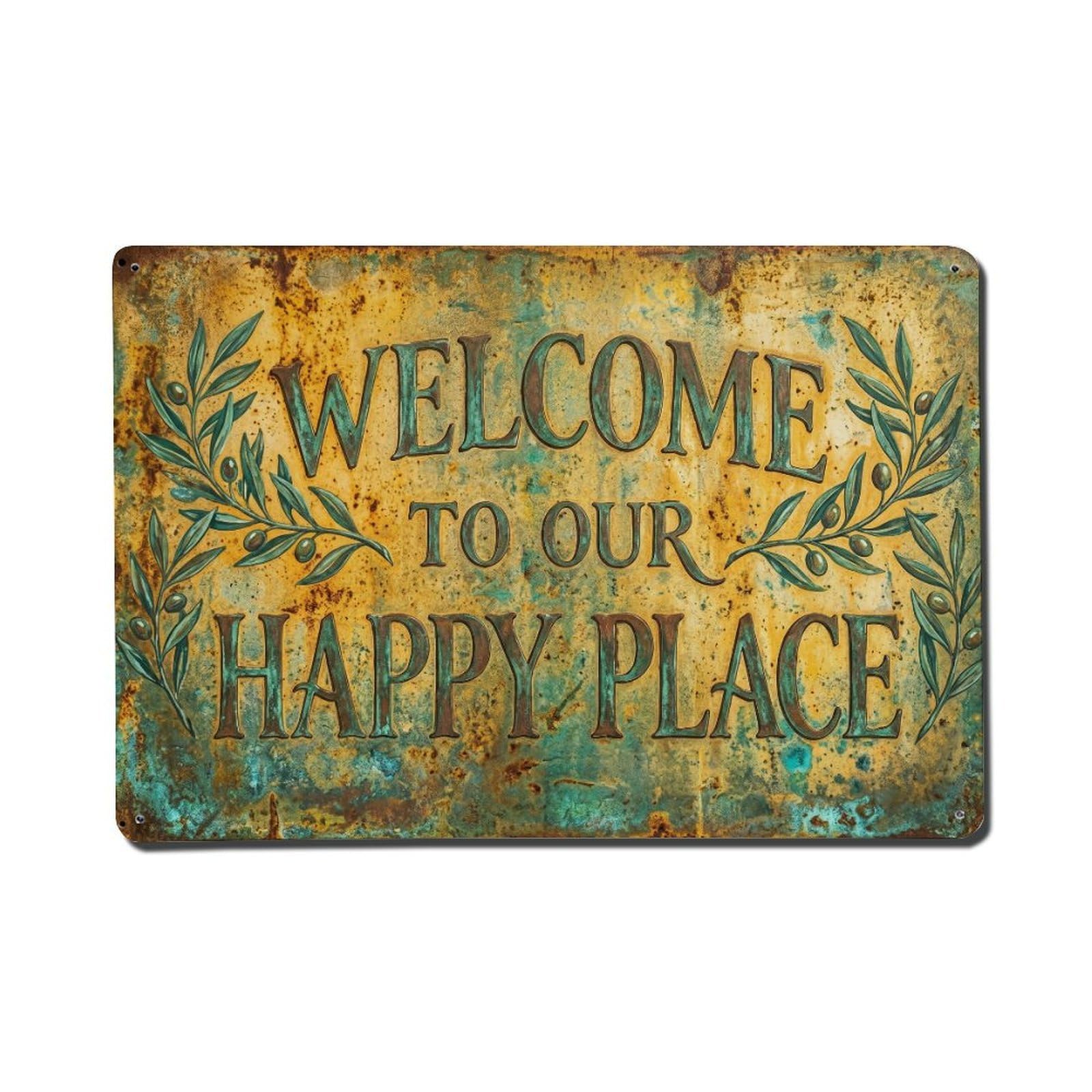 Welcome To Our Happy Place Mediterranean Terrace Vintage Metal Tin Sign Plaque Wall Decor for Cafe, Club, Garden Metal Poster 8x12Inch