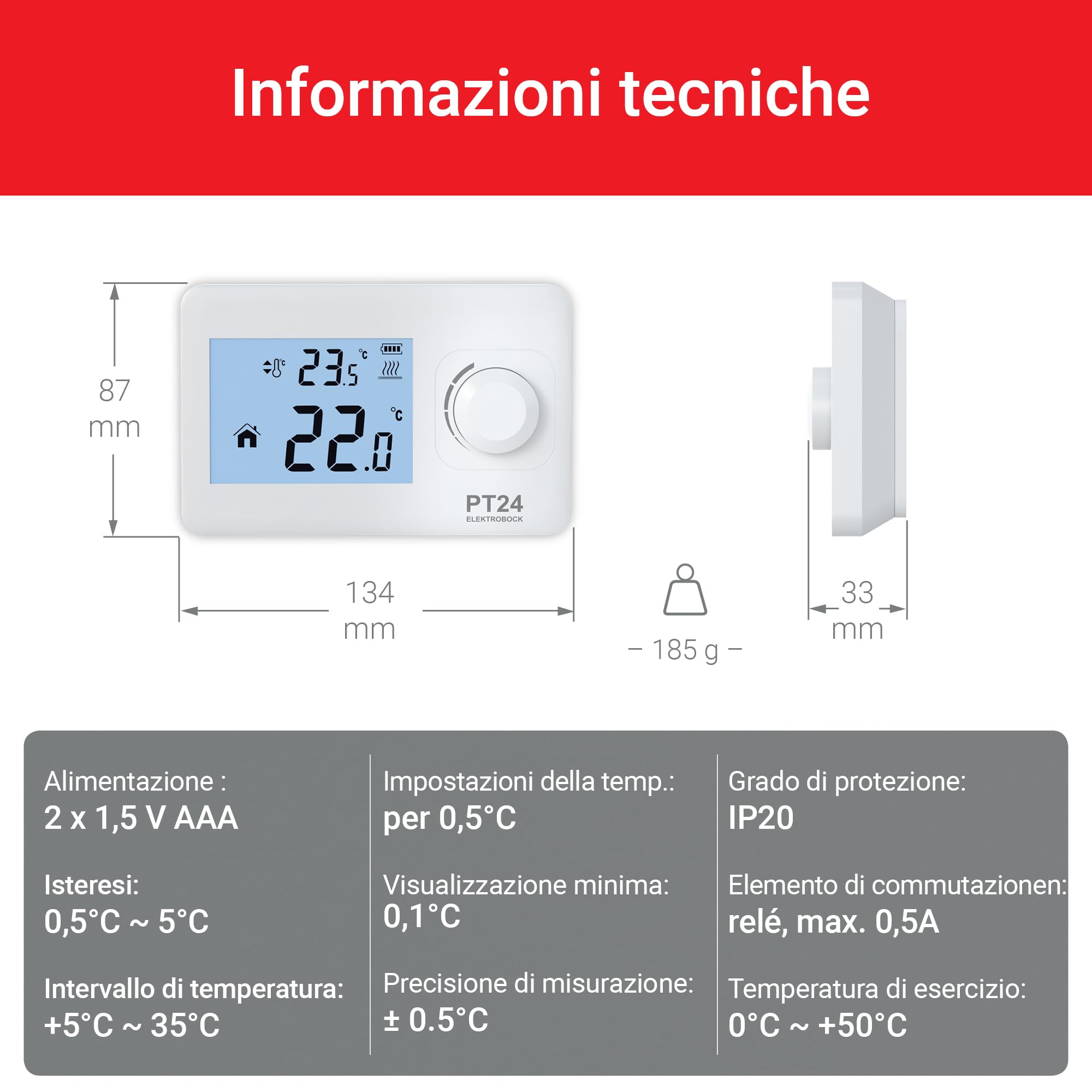 Elektrobock PT24, termostato ambiente con display LCD | Termostato a parete adatto per tutti i tipi di caldaie | Funzionamento a batteria (2X AAA) | Nessuna programmazione necessaria | Protezione