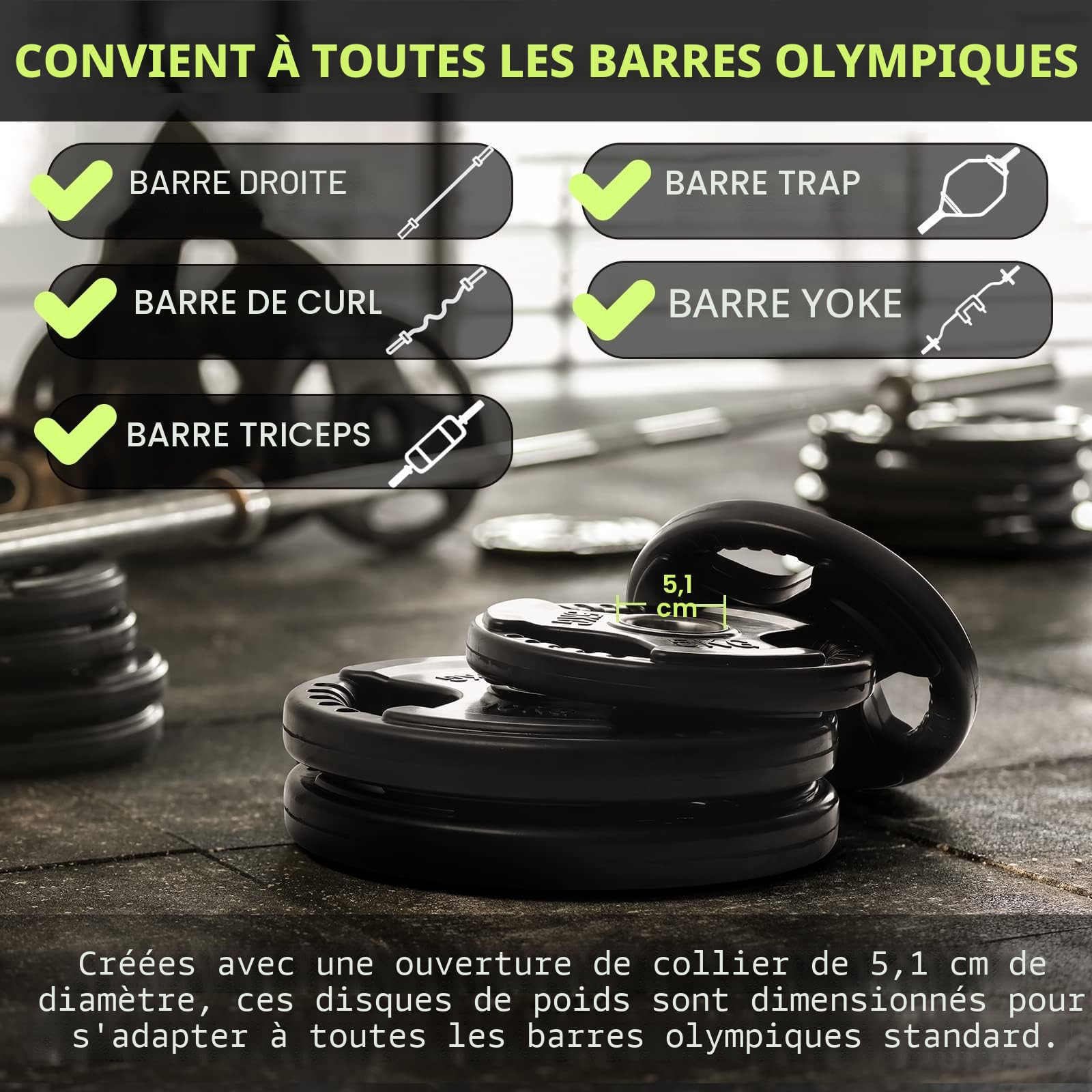 PhysKcal disques de Poids Olympiques 1,25kg - 25kg, Finition Caoutchouc, plaques de Poids Noires en Paires ou Simples pour Le Levage et l'entraînement aux Poids, Barbell Weight Plates