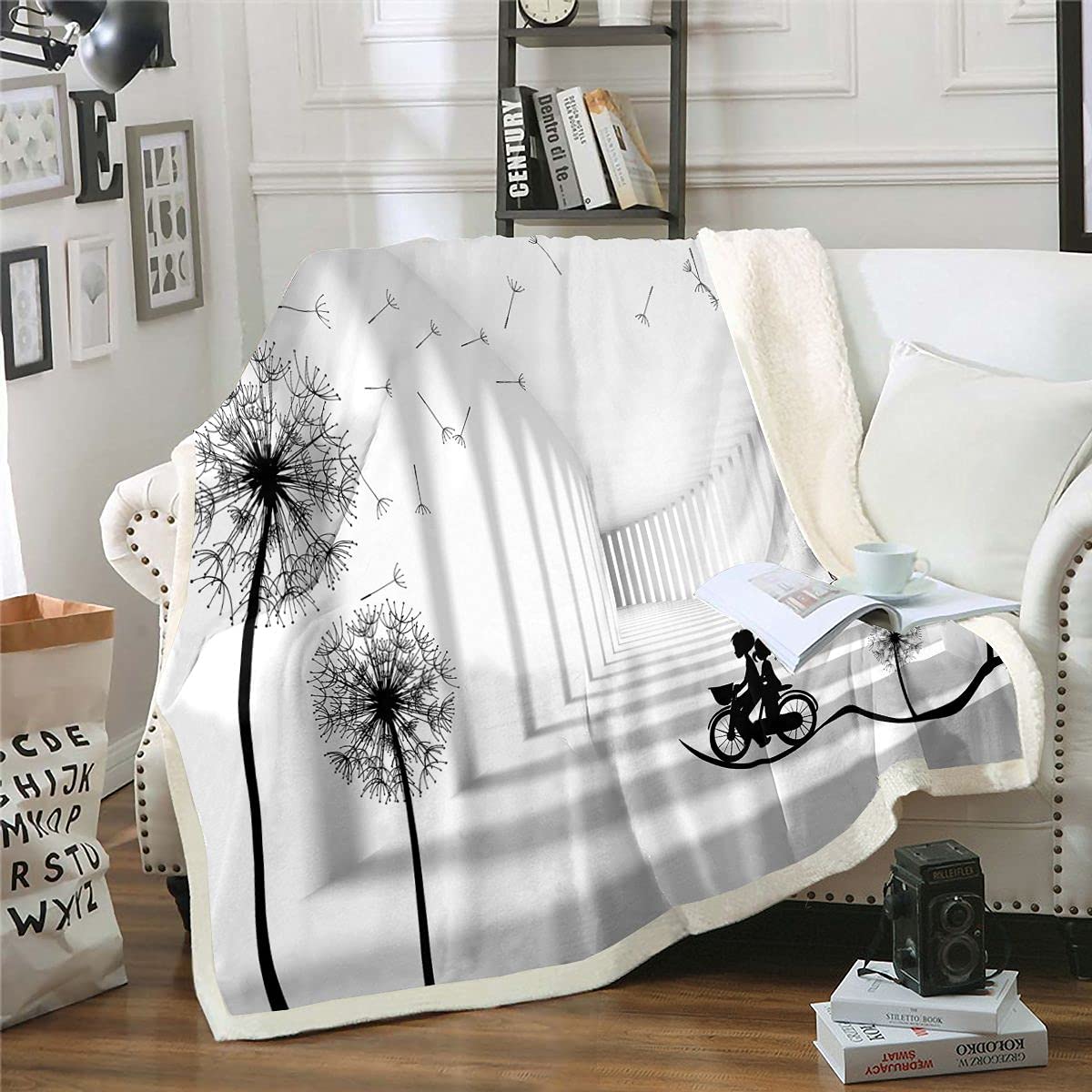 Loussiesd Dandelion Sherpa Blanket Sunlit Space Little Boy and Girl Cycling Fleece Throw Blanket Black and White Fuzzy Blanket for Sofa Bed,Baby 30x40 Inch